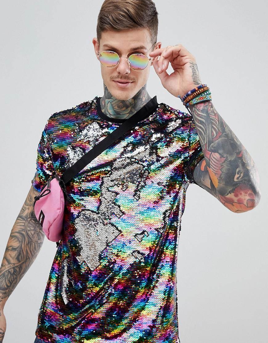 ASOS Festival Relaxed T-shirt With All Over Reversible Rainbow Sequins for  Men | Lyst
