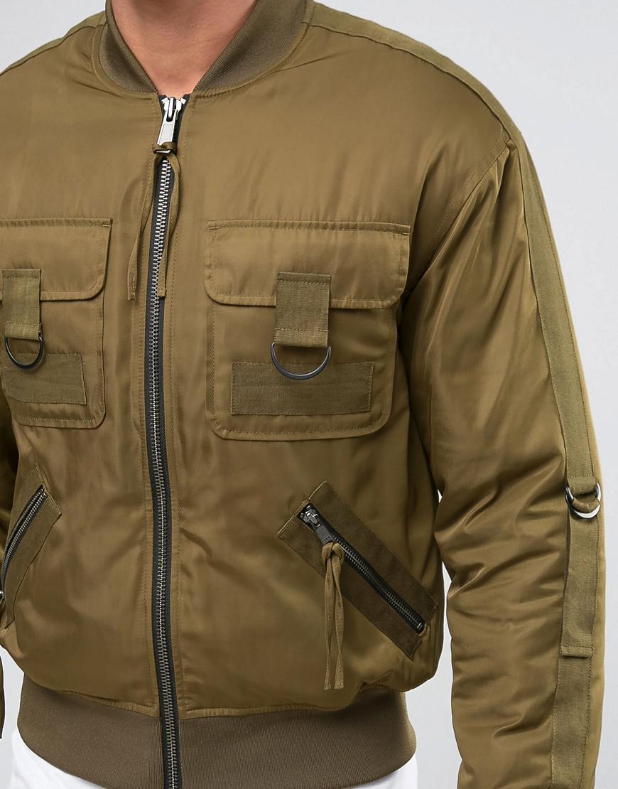 ASOS Synthetic Bomber Jacket With Multi Pockets And Straps In Khaki in