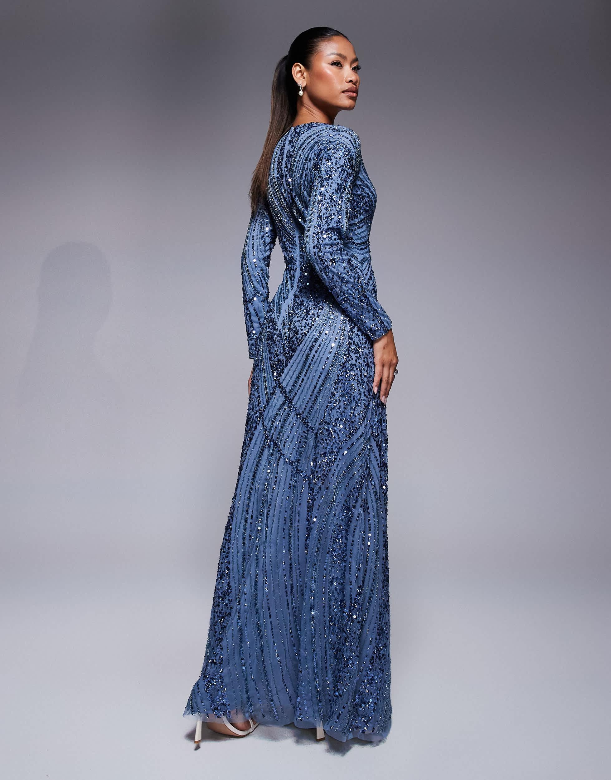 Beauut Celia Sequin Long Sleeve Maxi Dress in Blue