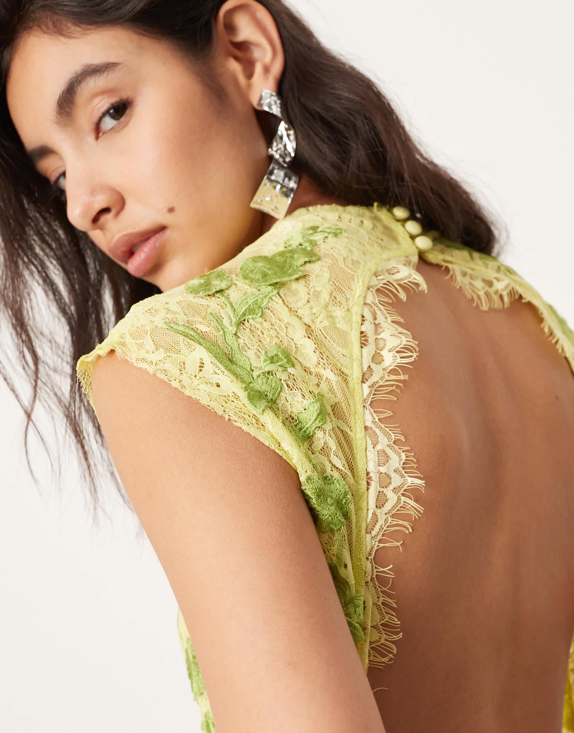 green lace open back dress Francoise