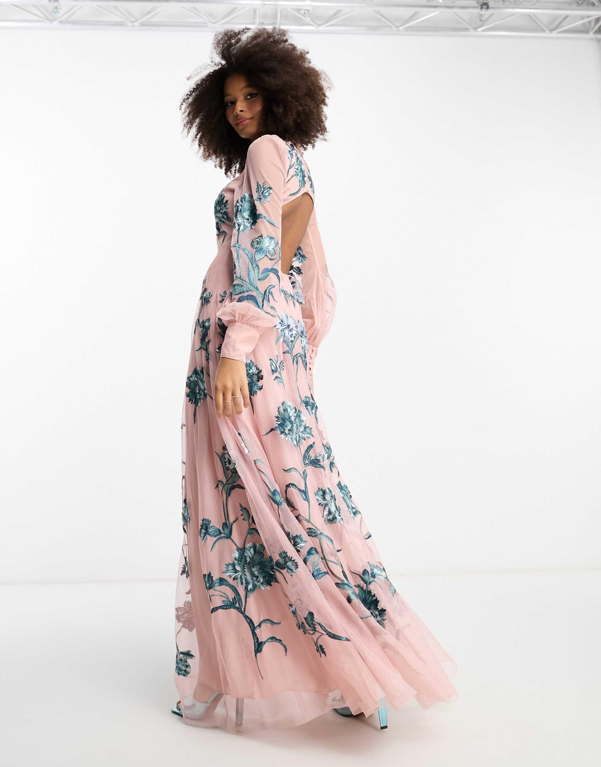asos edition summer floral embroidered maxi dress with open back Rent Asos Edition Blouson Sleeve Floral Embroidered Maxi Dress With Open  Back In Light Pink main image 1