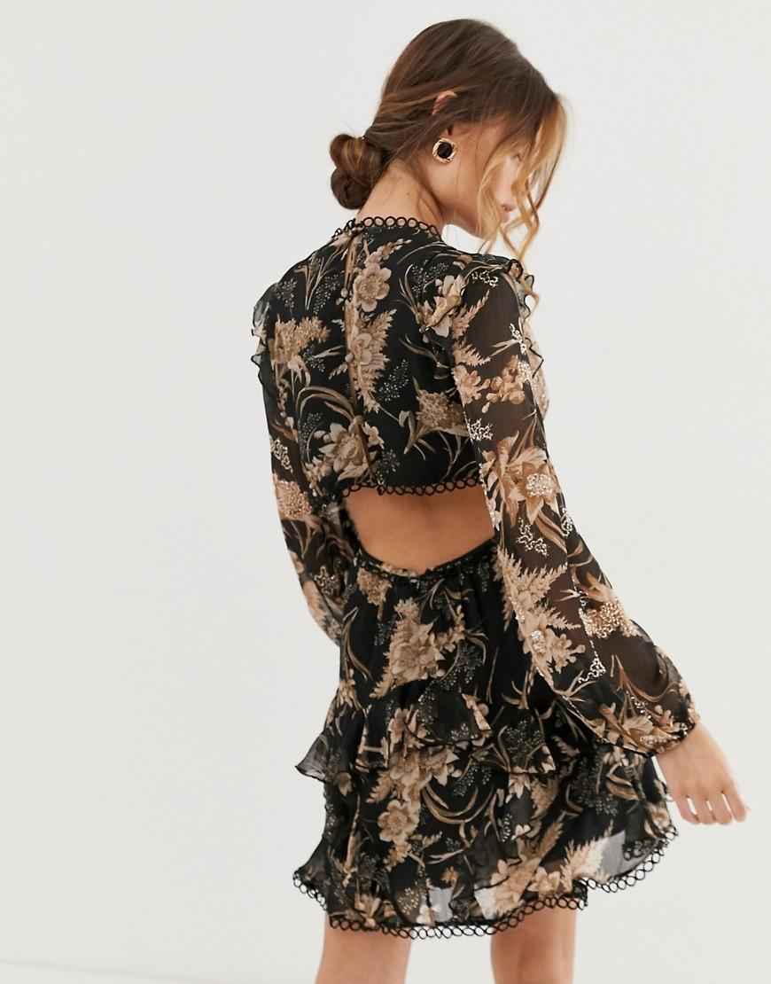 asos design long sleeve mini dress in floral print with cluster embellishment detail and circle trims