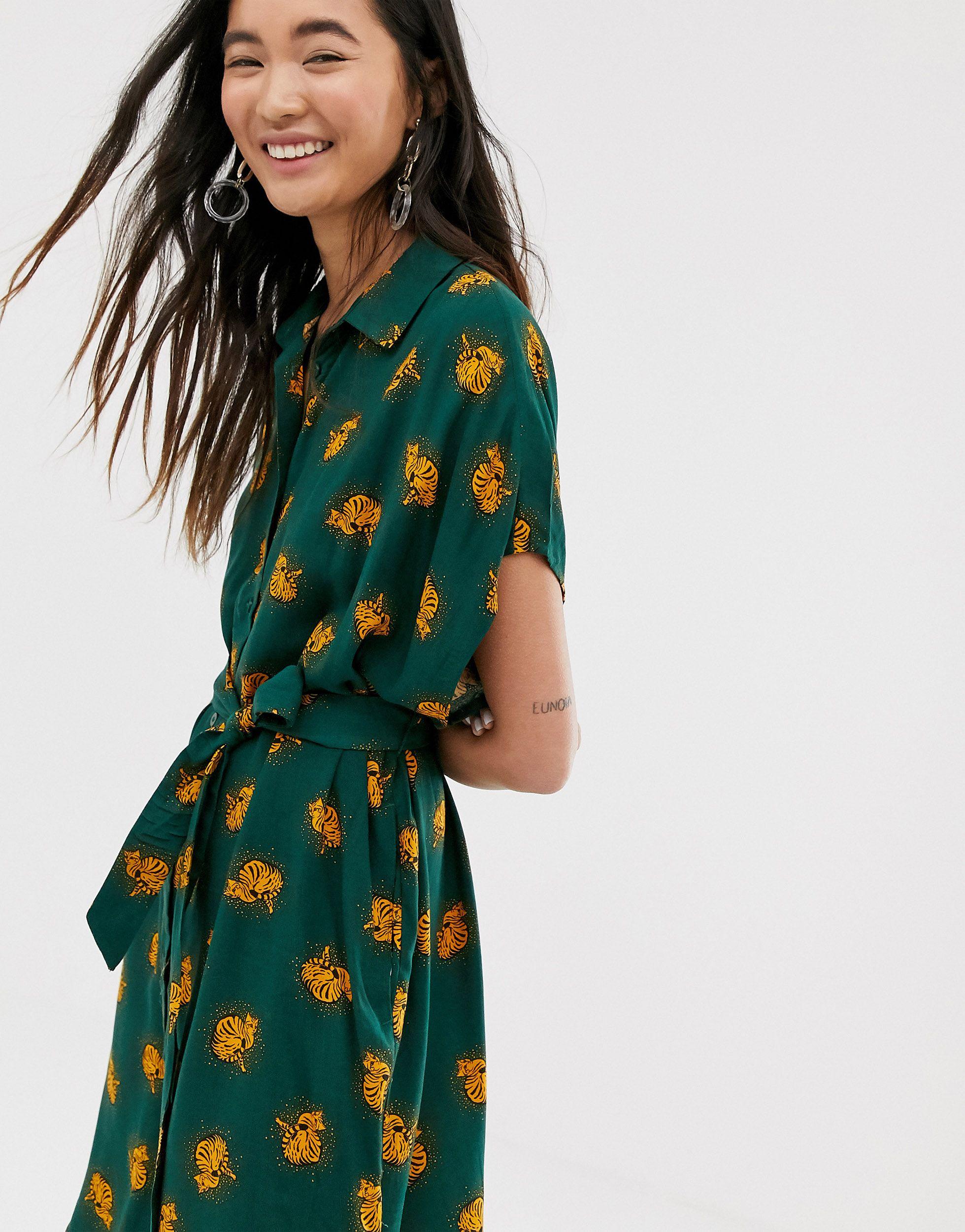 Robe chemise avec ceinture nou e la taille et imprim chats