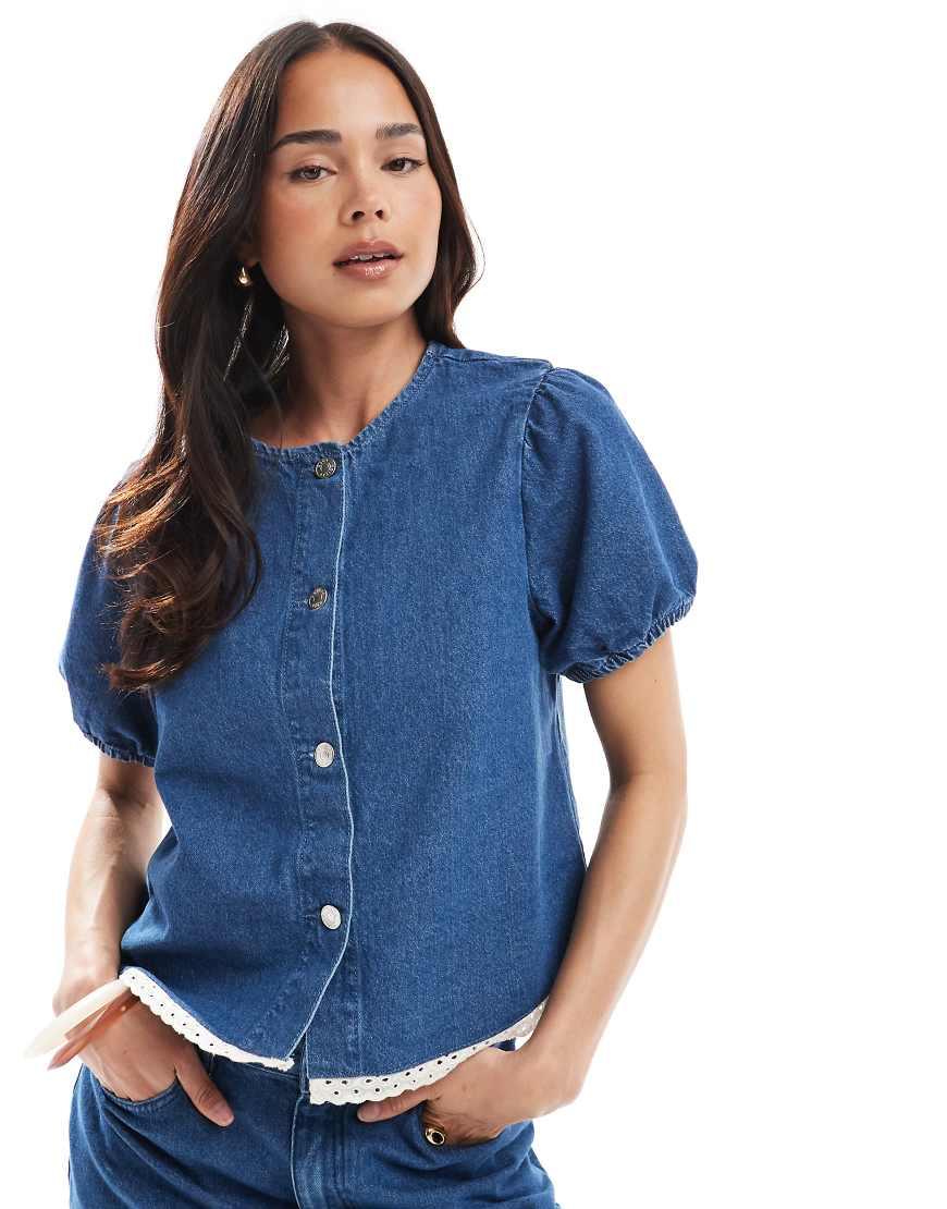ASOS Denim Top With Puff Sleeve And Broderie Trim Co-ord in Blue