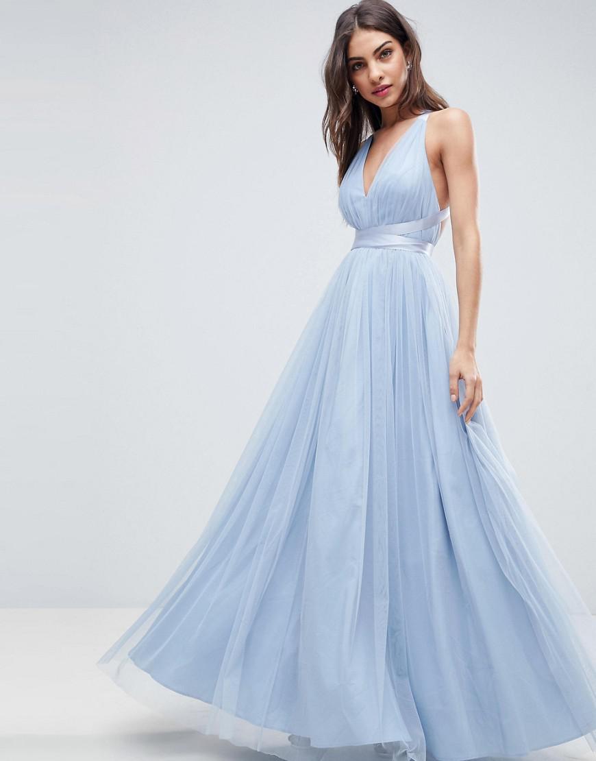 ASOS Premium Tulle Maxi Prom Dress With Ribbon Ties in Blue | Lyst Canada