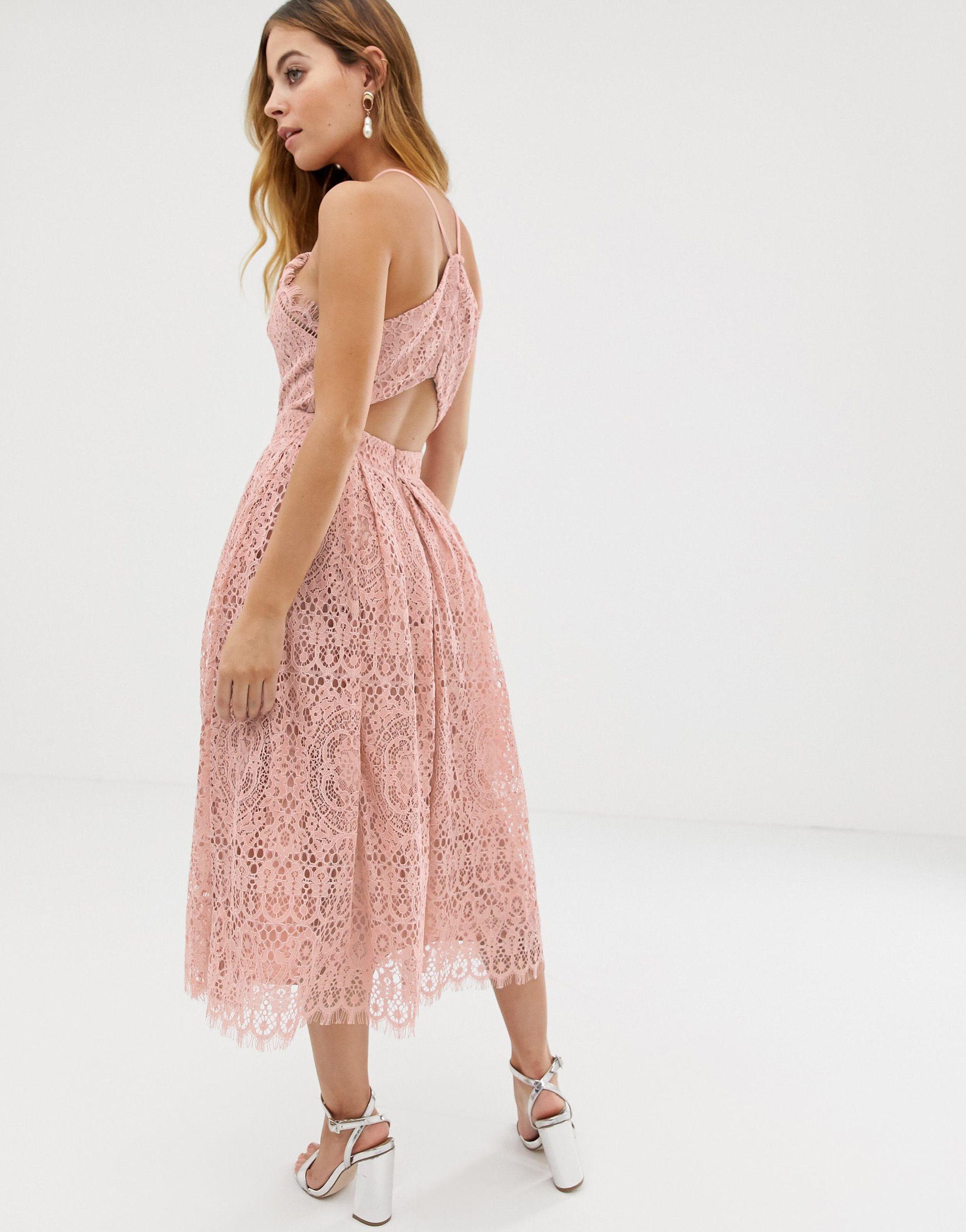 Pink Asos Ladies Party Dresses ASOS Lace Midi Dress With Pinny