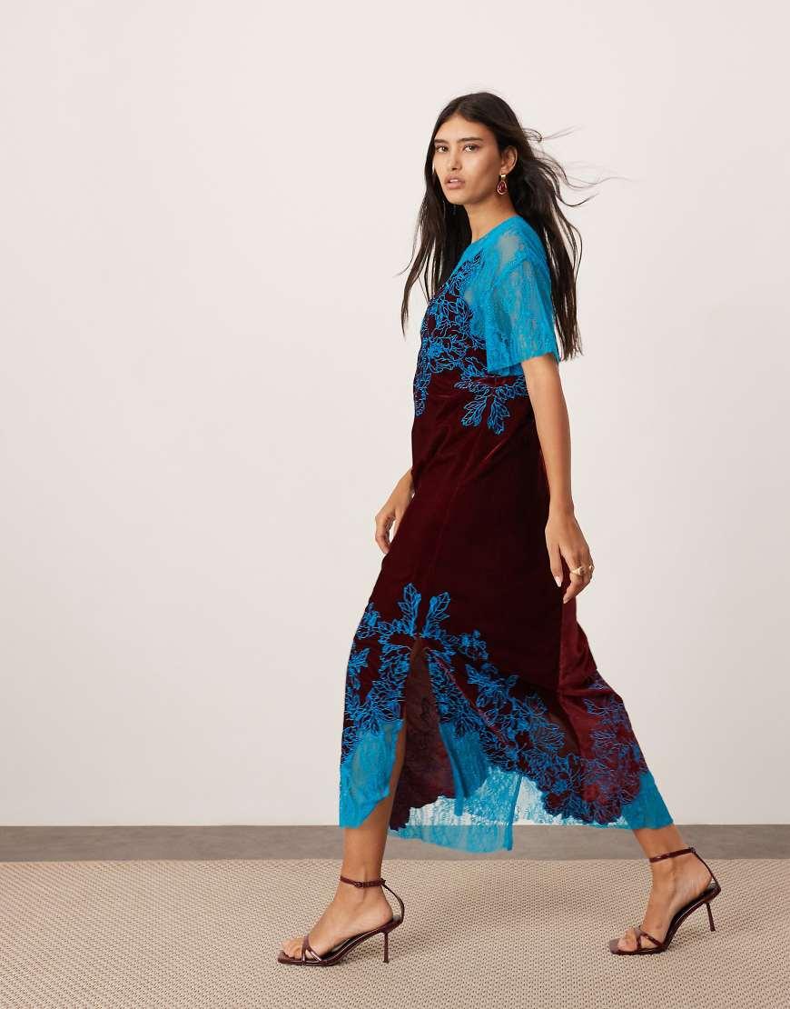 Asos Edition Asos Design Embroidered Midi Dress With Lace Trims ASOS Velvet  Lace Applique Embroidered Column Midi Dress In Blue
