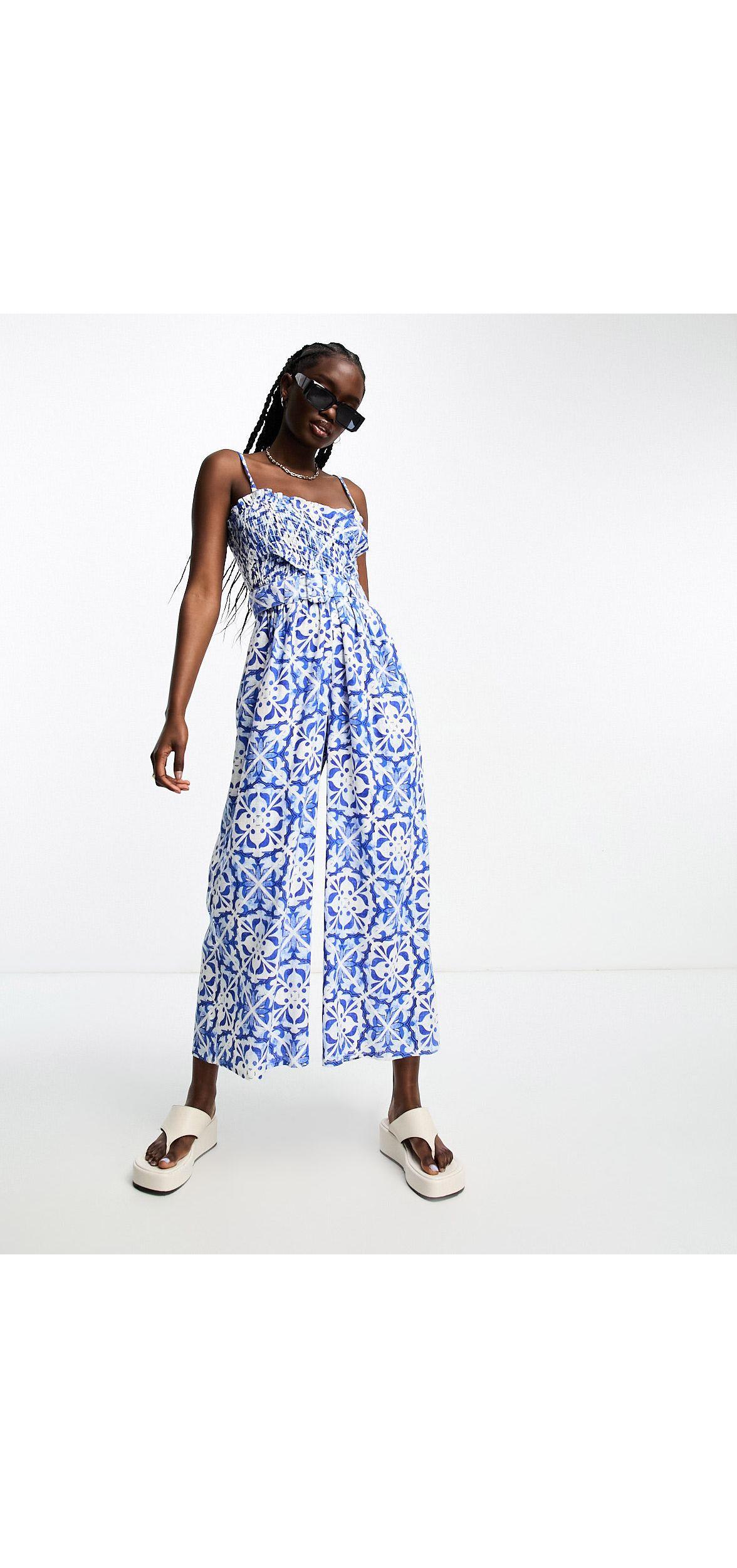 ASOS Linen Shirred Bodice Belt Jumpsuit in Blue Lyst UK