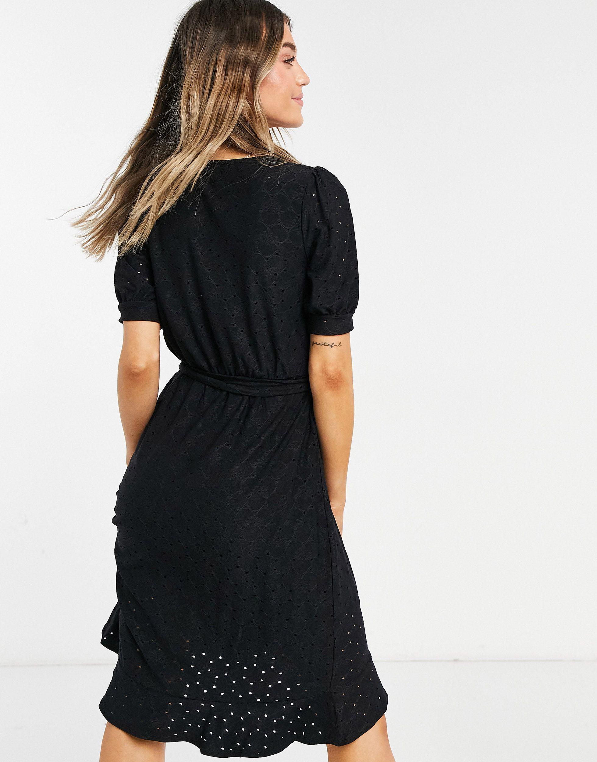 Oasis Broderie Ruffle Wrap Midi Dress in Black | Lyst