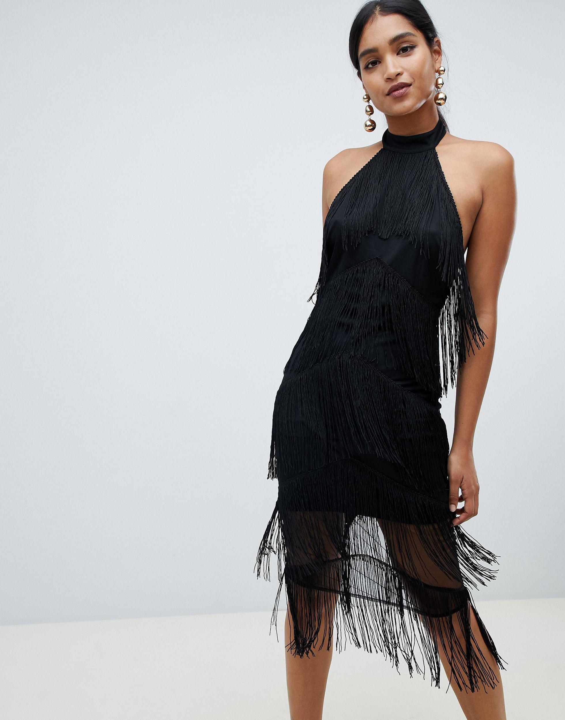 ASOS Halter Midi Fringe Dress in Black | Lyst