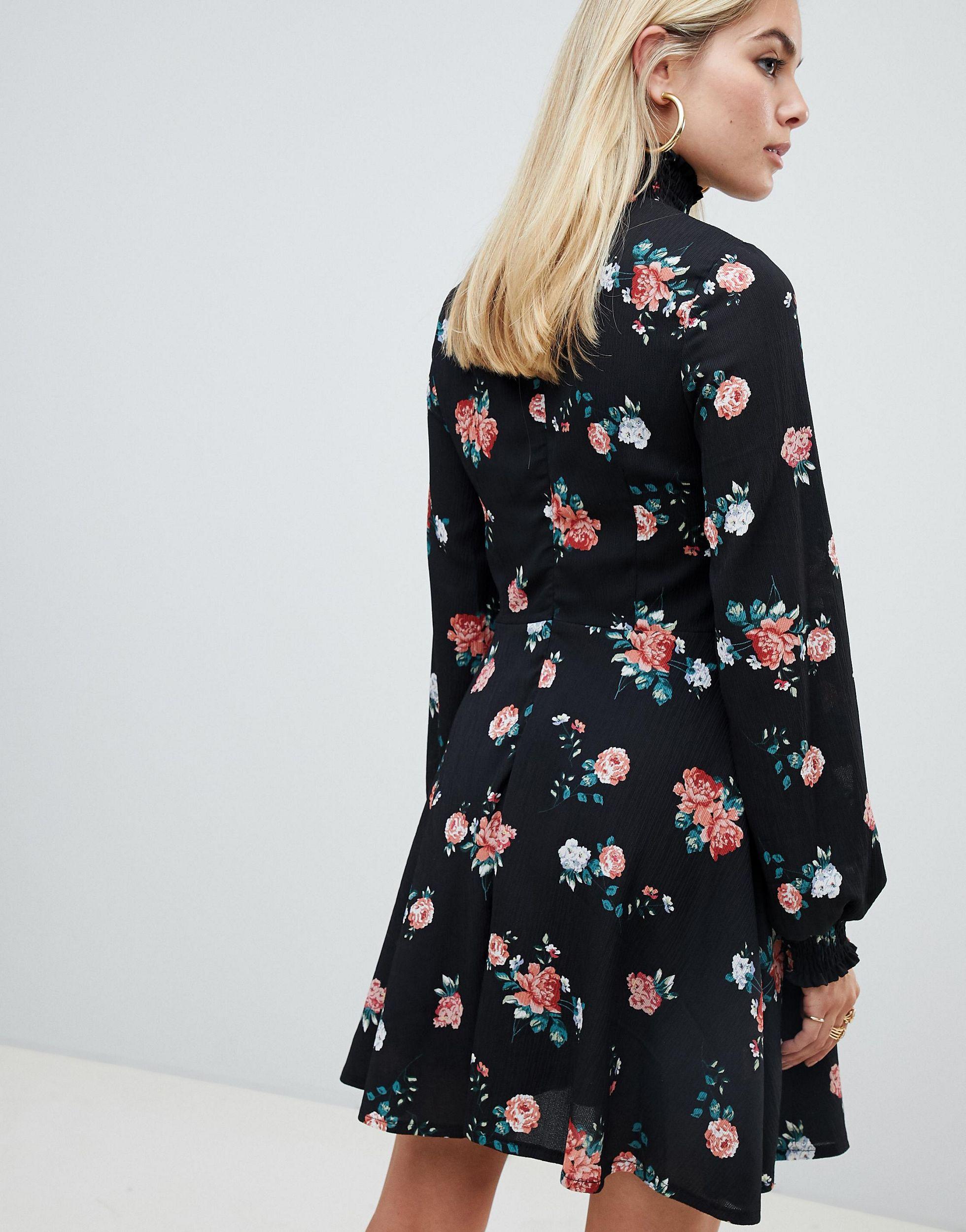 prettylittlething high neck skater dress in floral