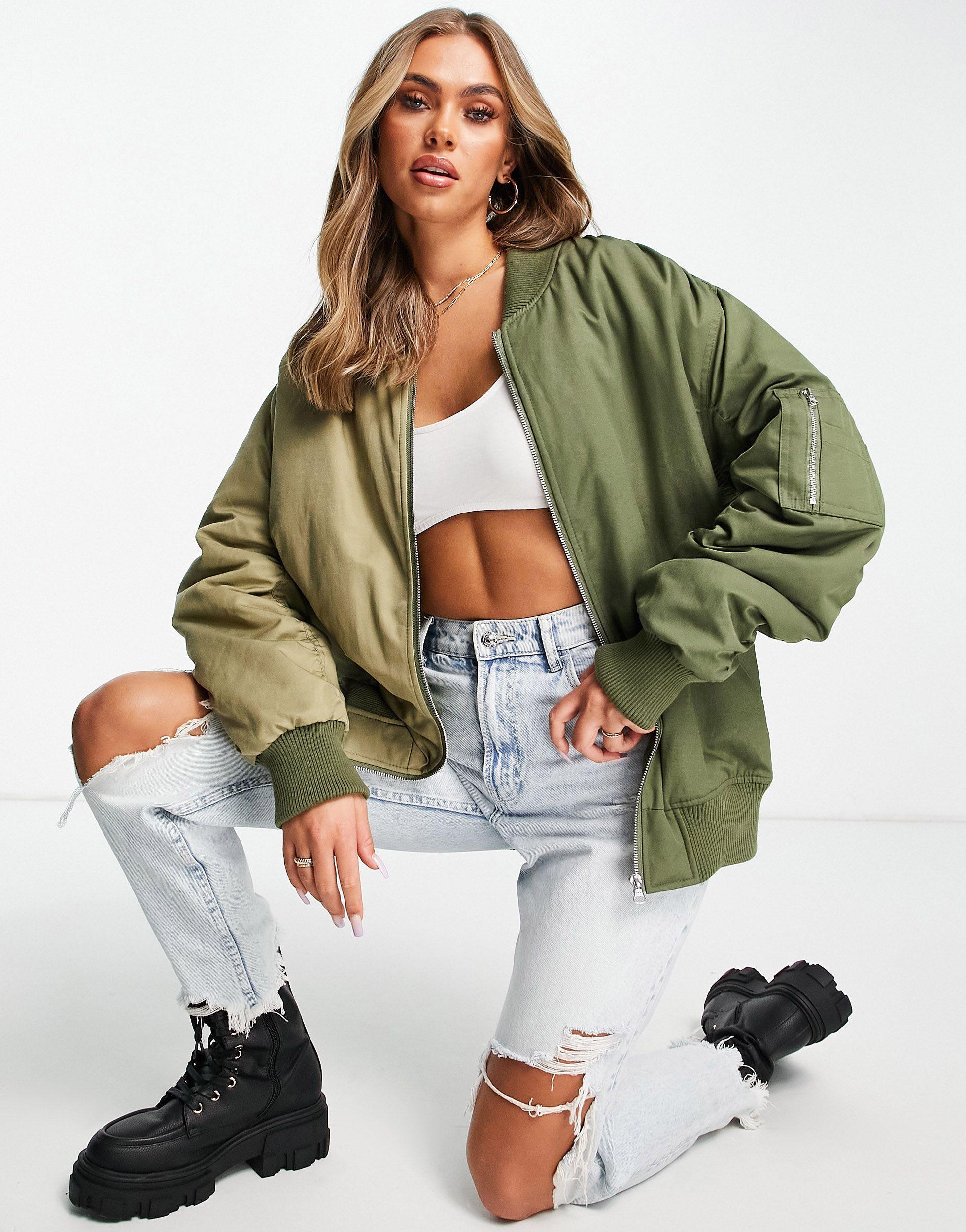 TOPSHOP Oversized Half And Half Contrast Bomber Jacket in Green | Lyst