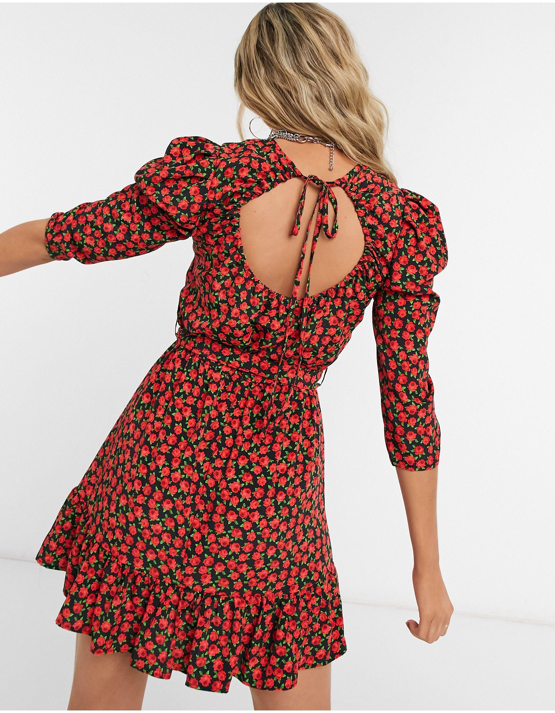 TOPSHOP Rose Print Mini Dress in Red | Lyst