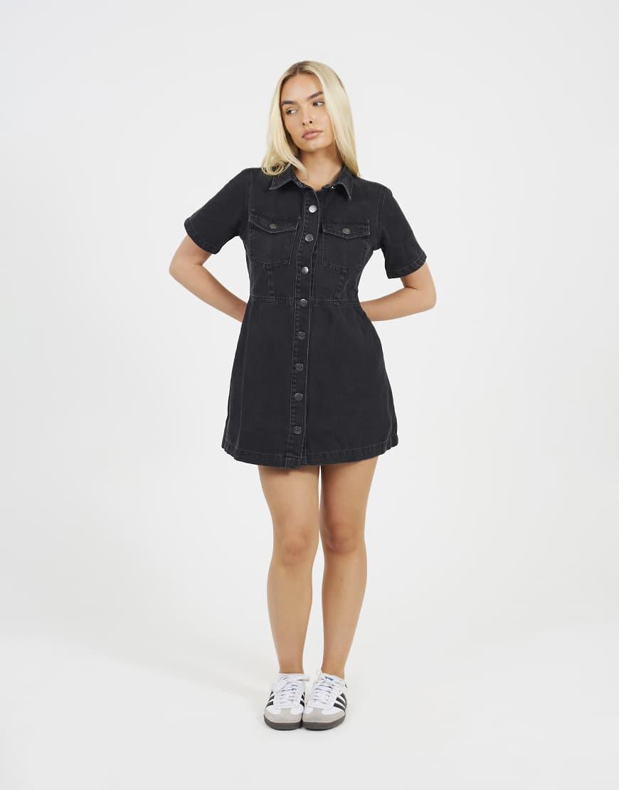 brave soul denim dress Brave Soul Collared a-line denim mini dress in black