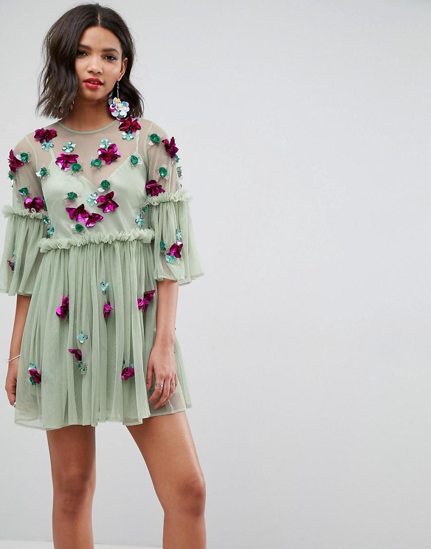 ASOS Synthetic Embellished Mesh Fluted Sleeve Smock Mini Dress in Green |  Lyst
