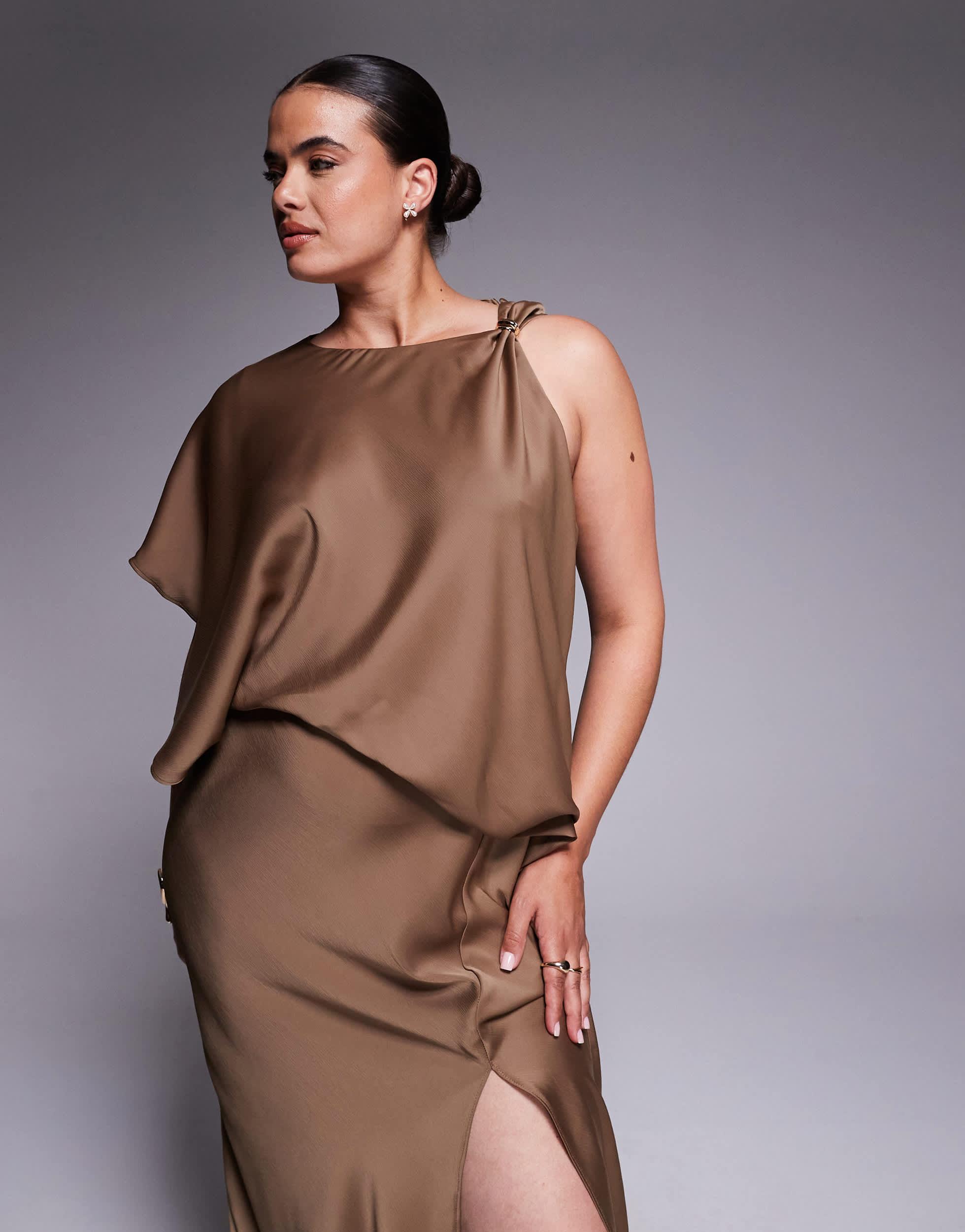 ASOS Asos Design Curve Drape Bodice Satin Midi Dress With Trim Detail in  Brown | Lyst