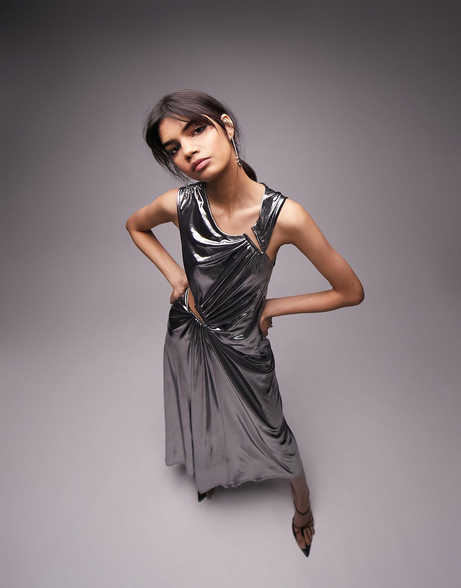 TOPSHOP Asymmetric Metallic Cut Out Midi Dress in Gray | Lyst