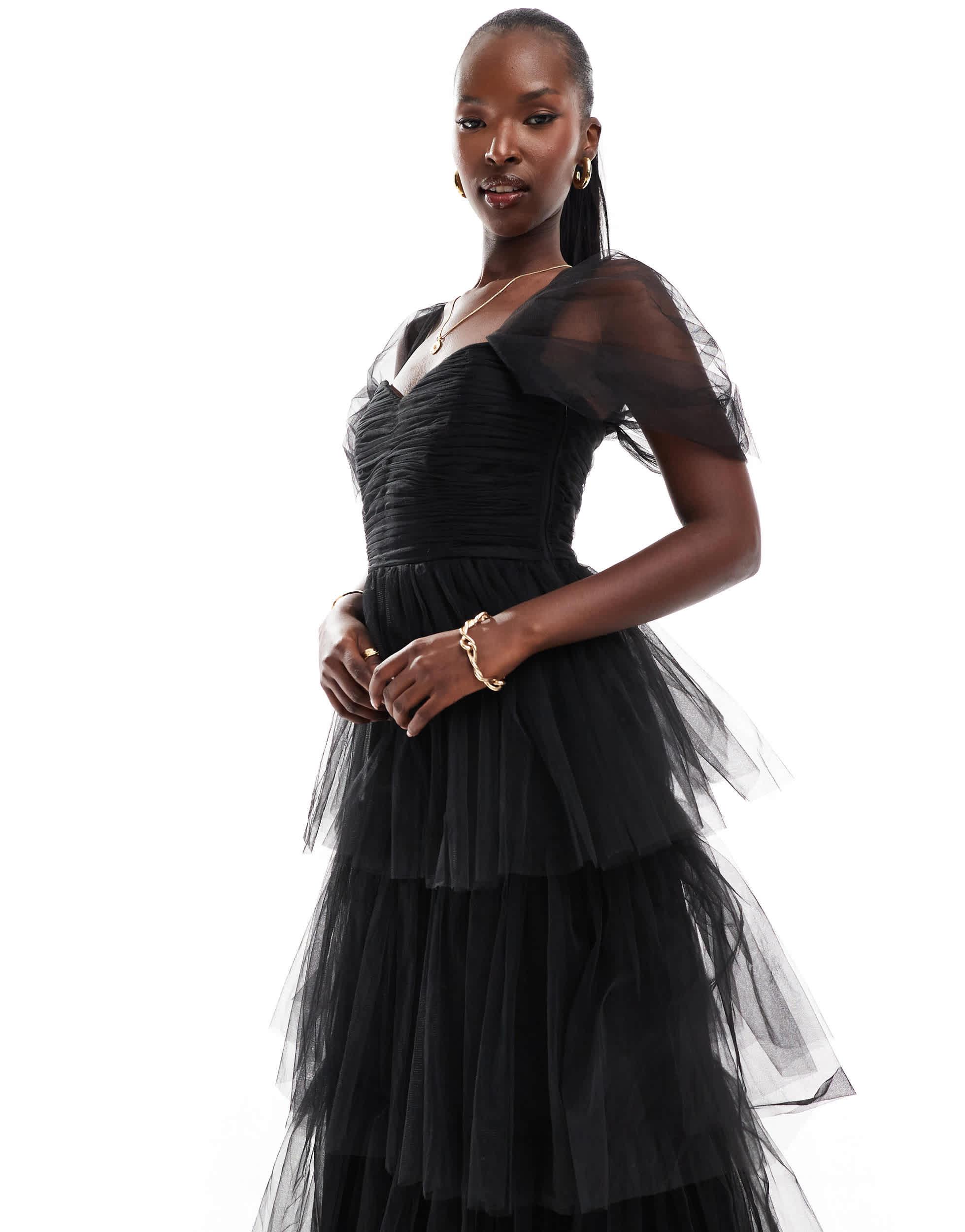 Lace & beads tulle midi dress with 3d shirring detail 2025