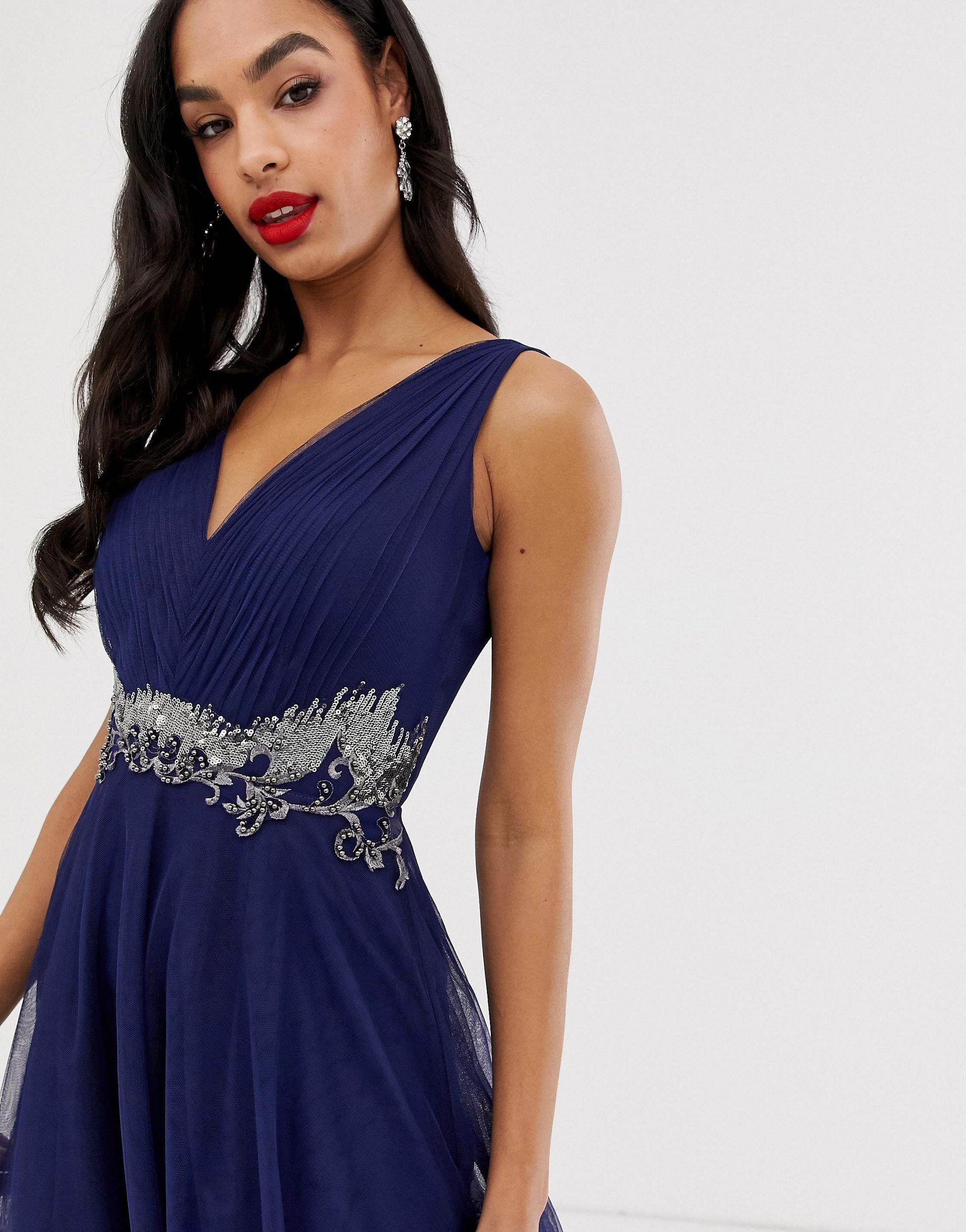 Little Mistress V Neck Tulle Skirt Midi Dress With Embellished Detail in  Blue | Lyst