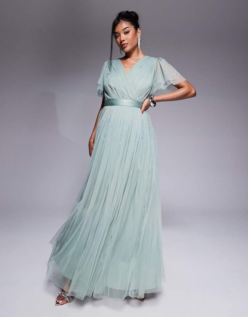 anaya bridesmaid dresses Faux Wrap Short Sleeve Maxi Dress in Blue featuring a chiffon A