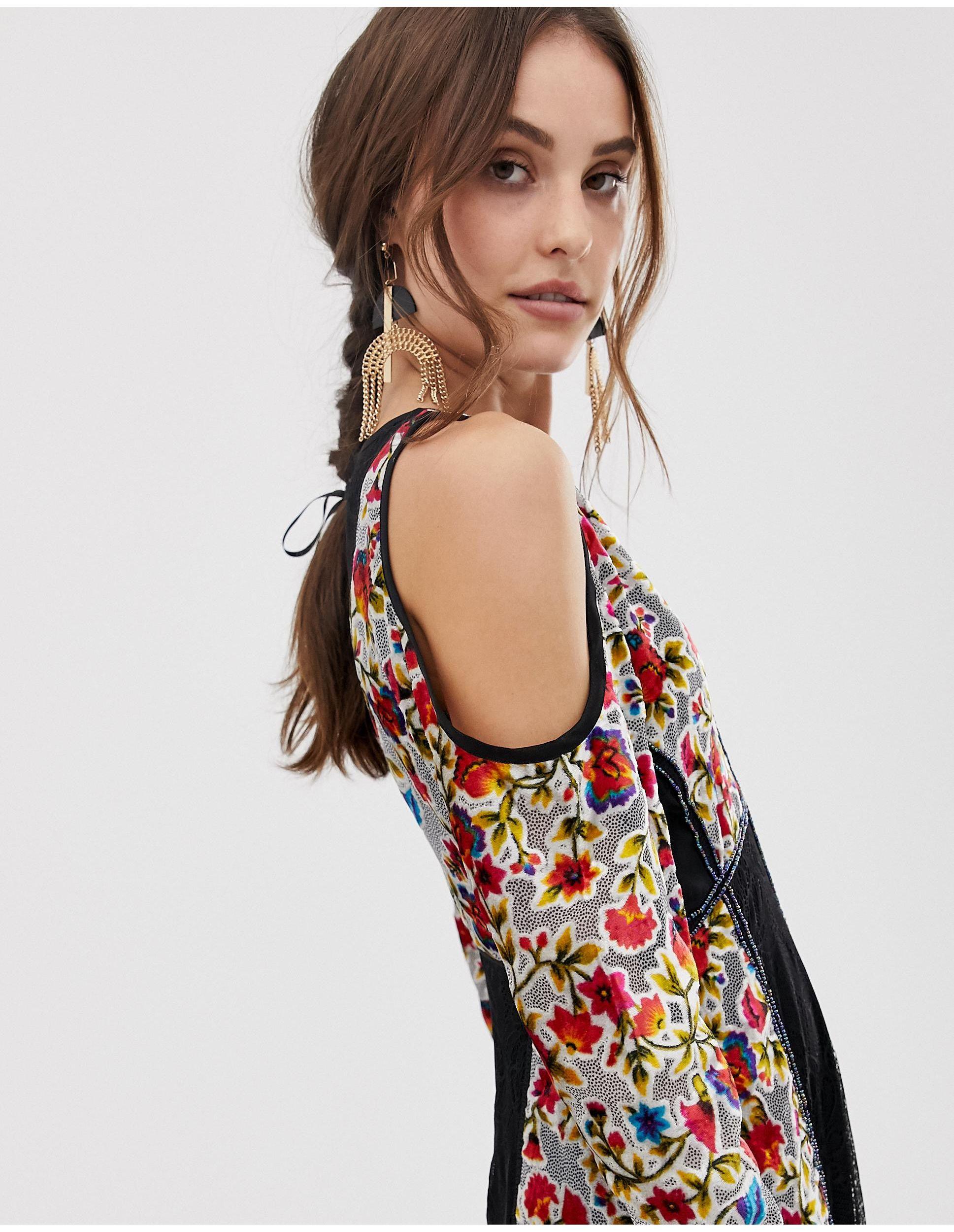 lipsy printed cold shoulder hanky hem dress