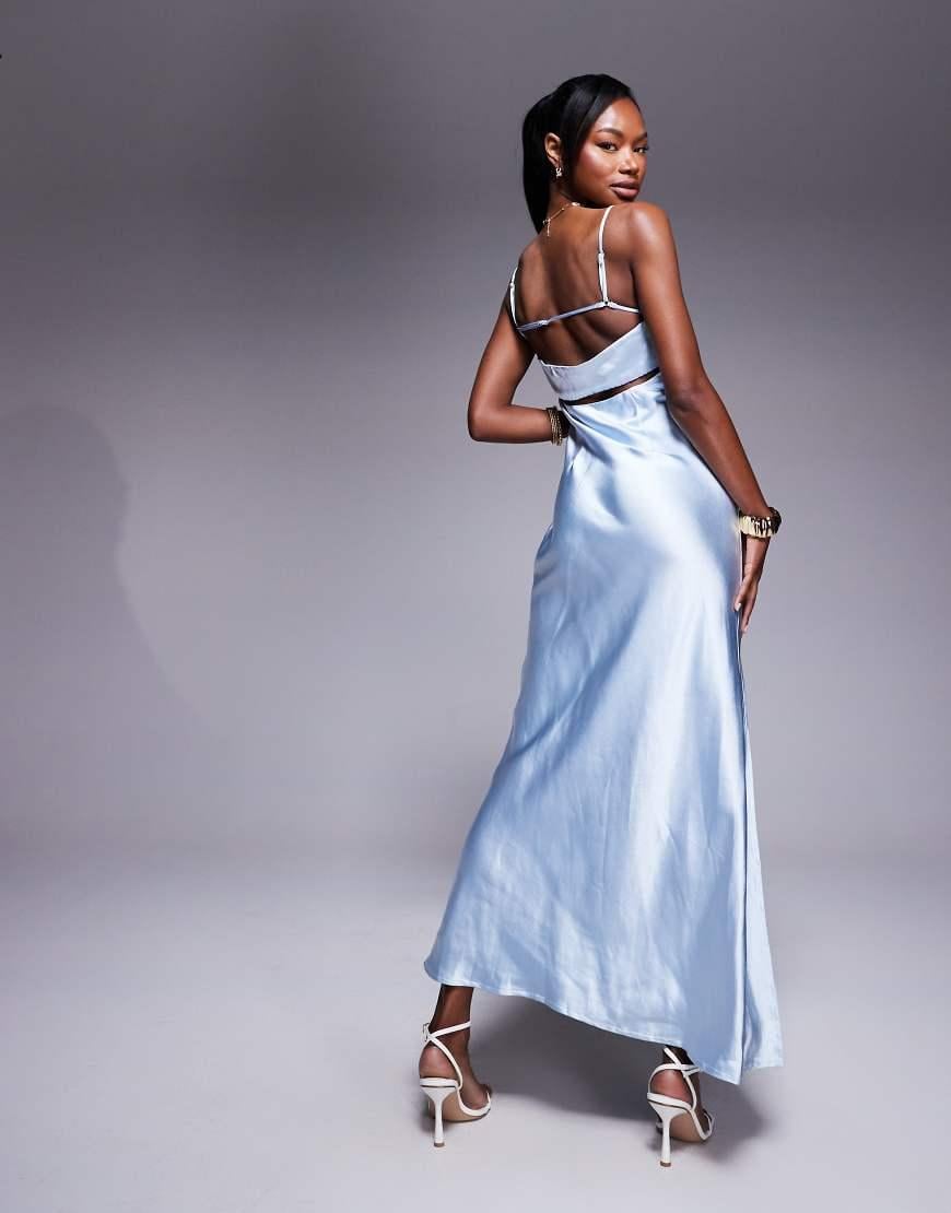 satin dress with thigh split Princess Polly Satin Open Back Thigh Split Cami Maxi Dress in Blue