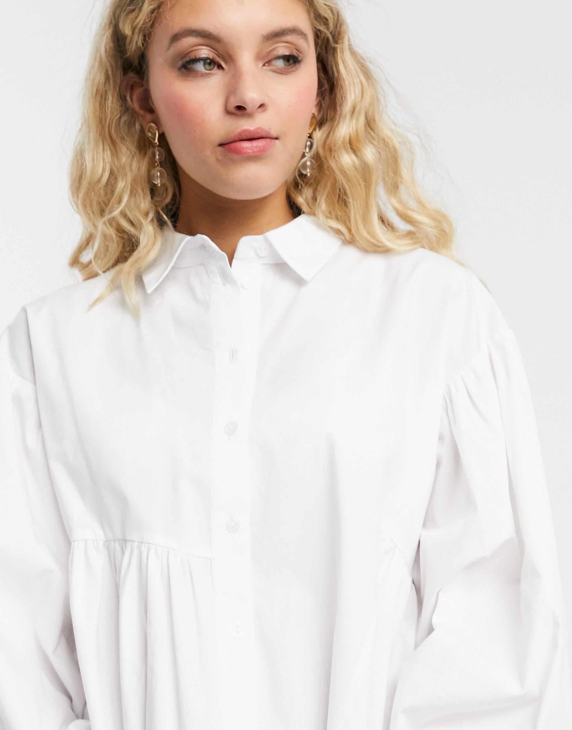 TOPSHOP Tiered Poplin Shirt in White | Lyst