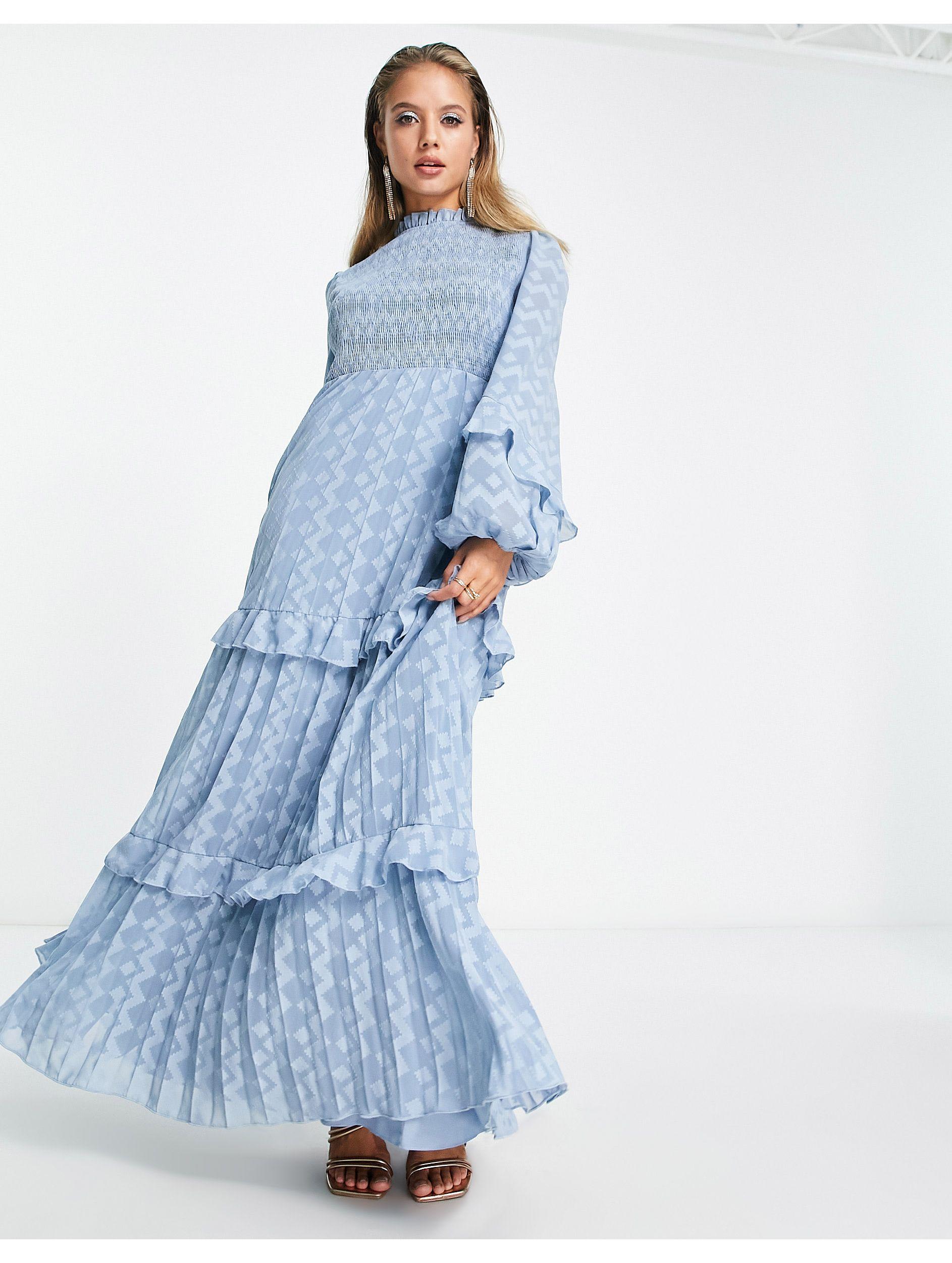 ASOS High Neck Dobby Shirred Pleated Maxi Dress With Frill Edge in Blue |  Lyst