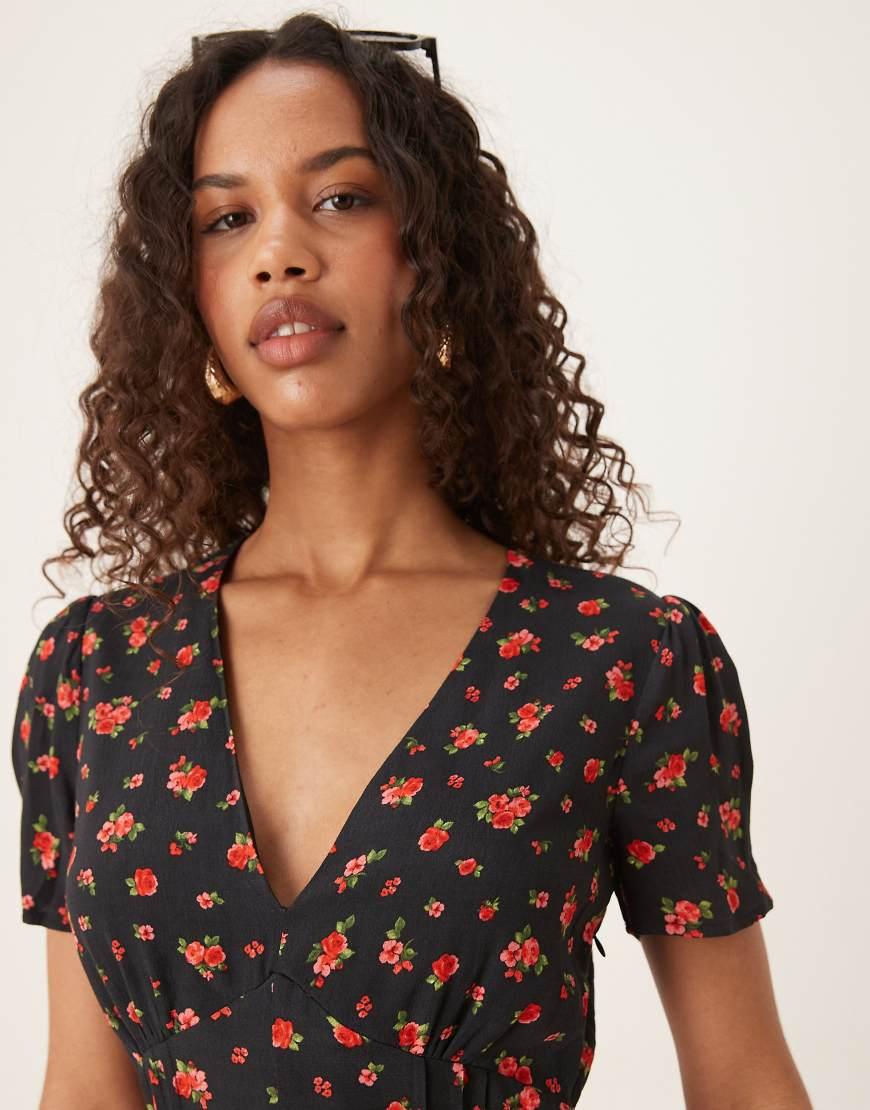 HELYO Women's Vintage Criss-Cross V-Neck Tea Dress - Short Sleeve, Fit & Flare With Pockets (M, Black Dot)