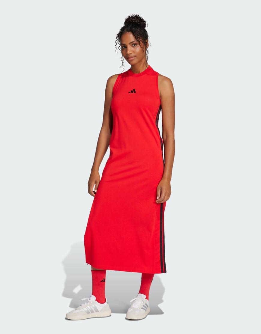 adidas Originals Essentials 3-Stripes Long Racerback Dress in Red