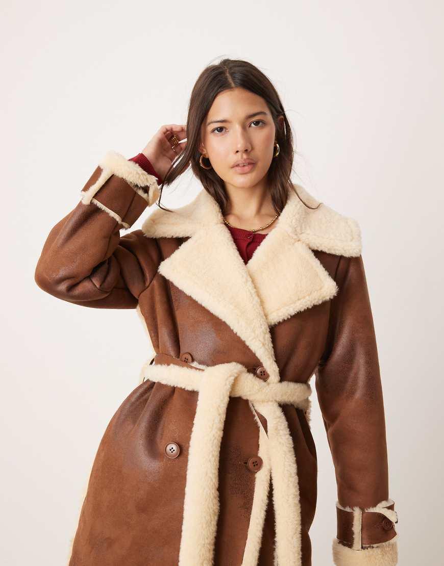 borg coat miss selfridge fur jacket Miss Selfridge Borg Contrast Belted Maxi Wrap Coat in Natural