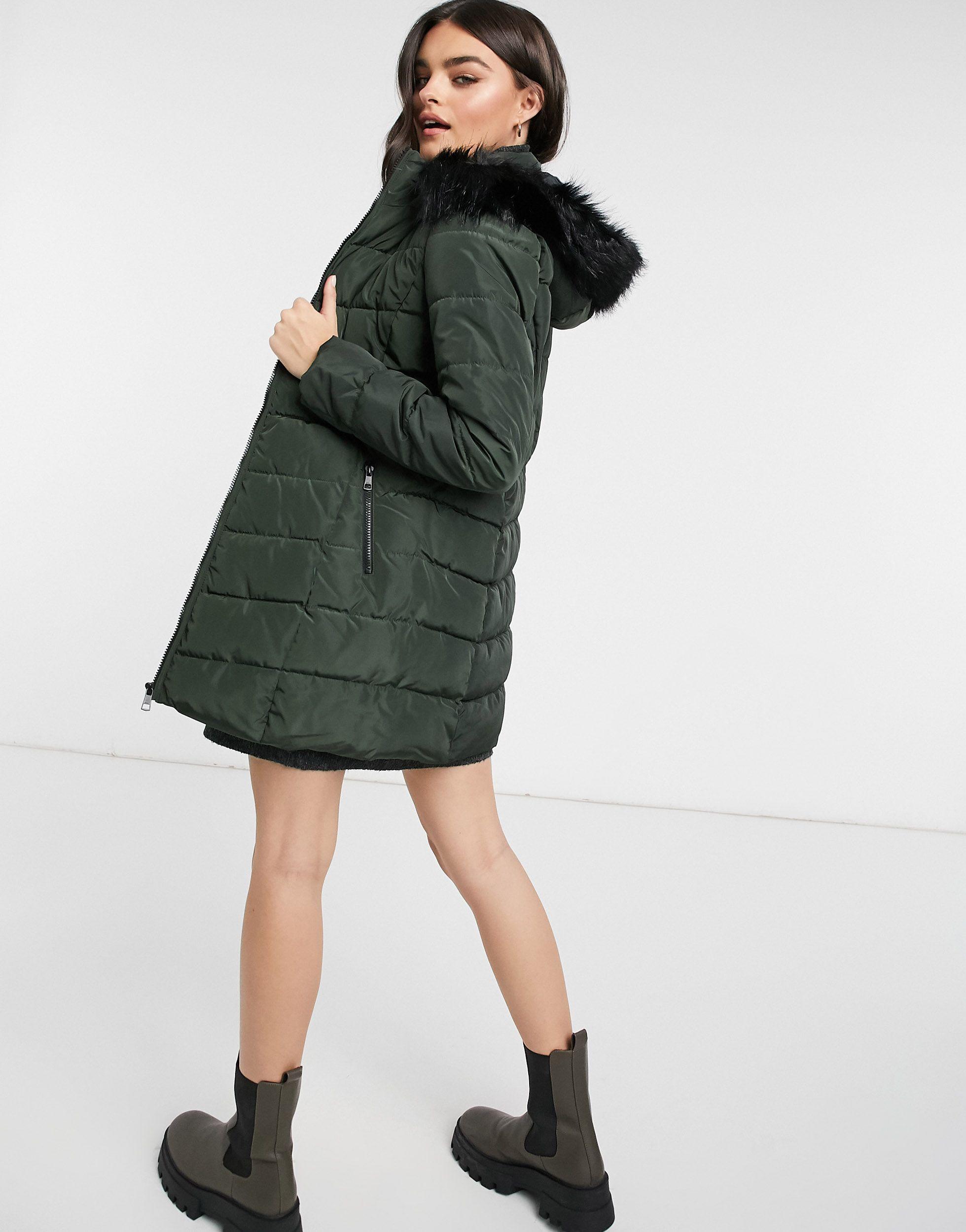 longline puffer coat with fur hood