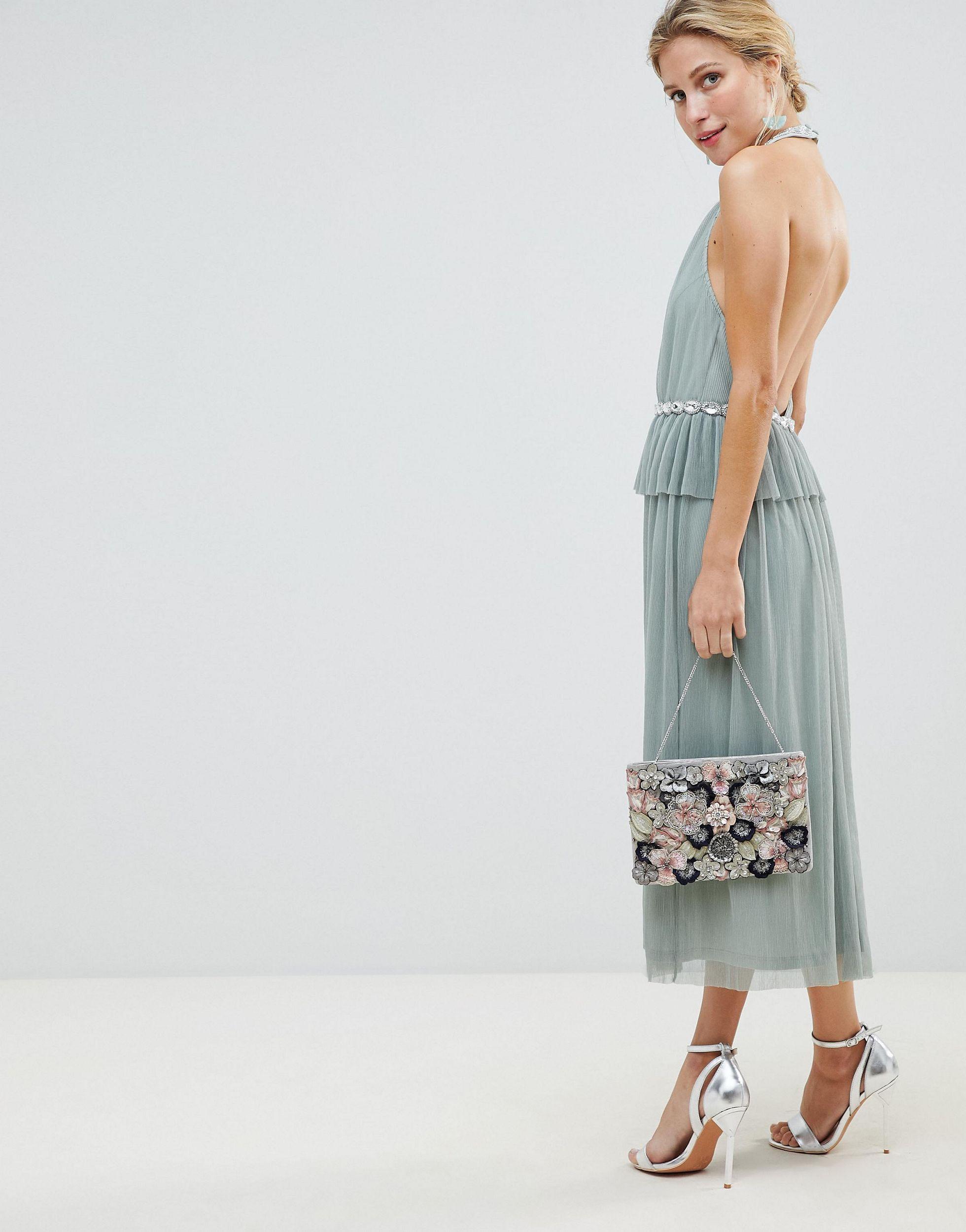 lipsy petite ruffle detail diamanté trim midi dress