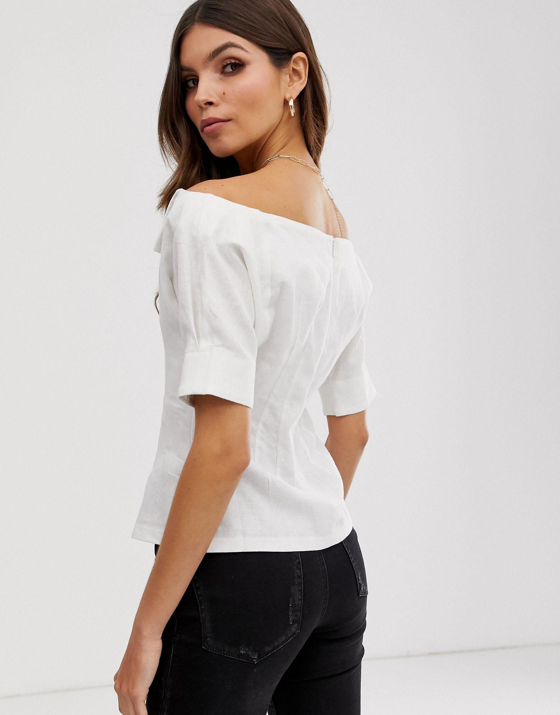 ASOS Linen Short Sleeve Off Shoulder Structured Top in White Lyst