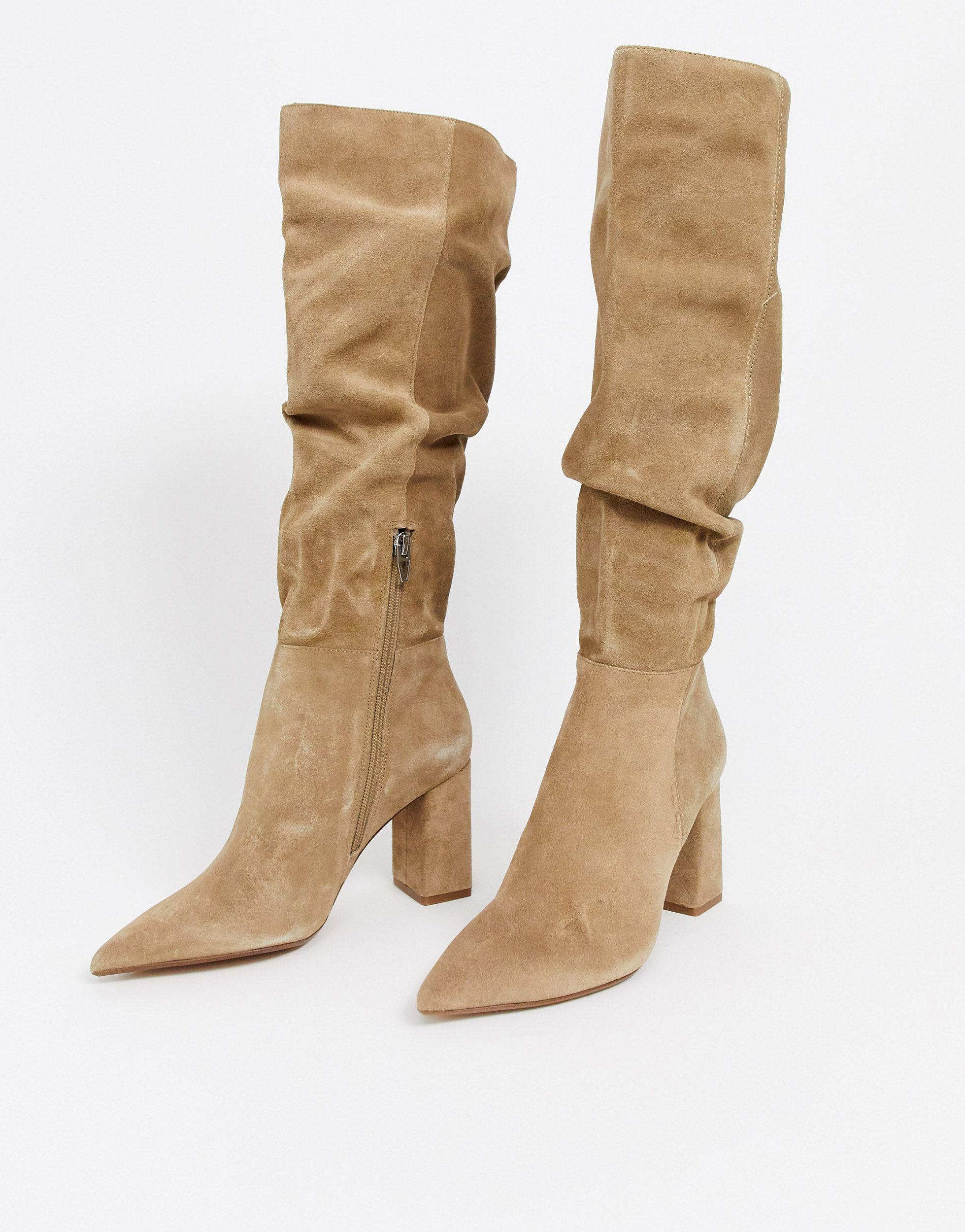 Bershka Faux Suede Slouch Knee High Boots in Natural | Lyst