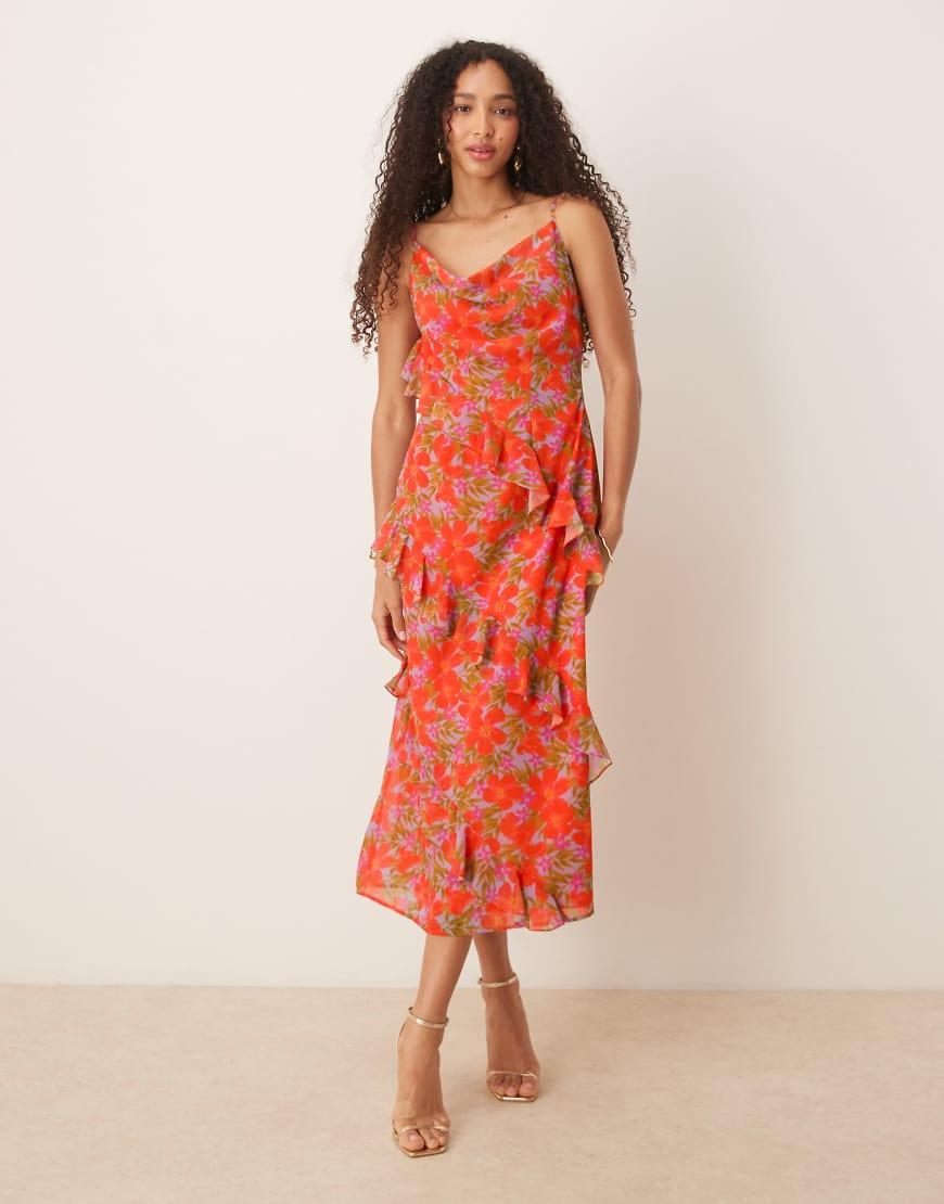 ANAYA Tropical Print Strappy Cowl Neck Midi Dress in Red Lyst UK