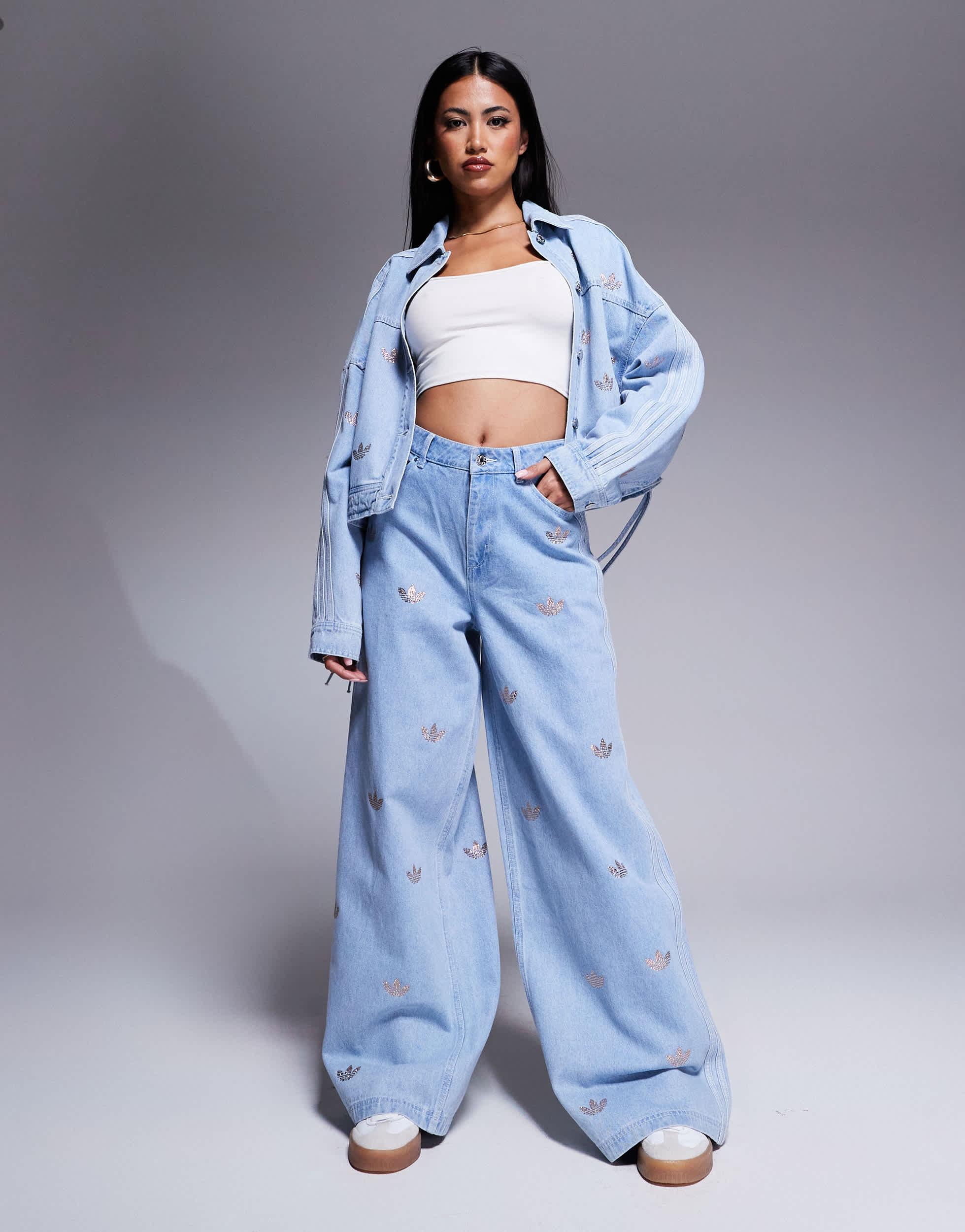 ★adidas originals★W DENIM RHINESTONE PANTS パンツ★追跡可 Adidas Denim Rhinestone Pants - POIZON