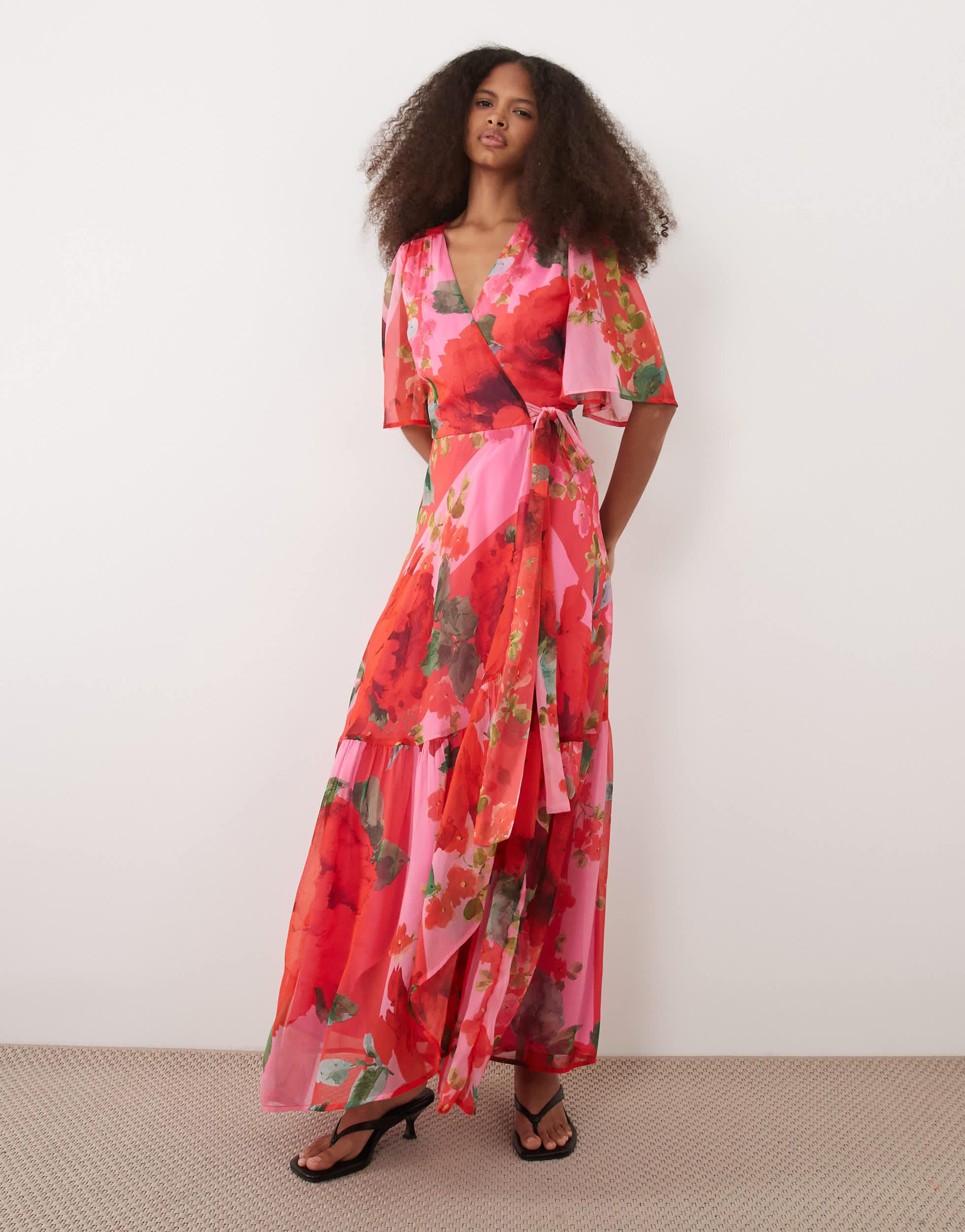 knee length dresses for ladies Hope & Ivy Frill Sleeve Thigh Split Open Back Maxi Dress - Blue