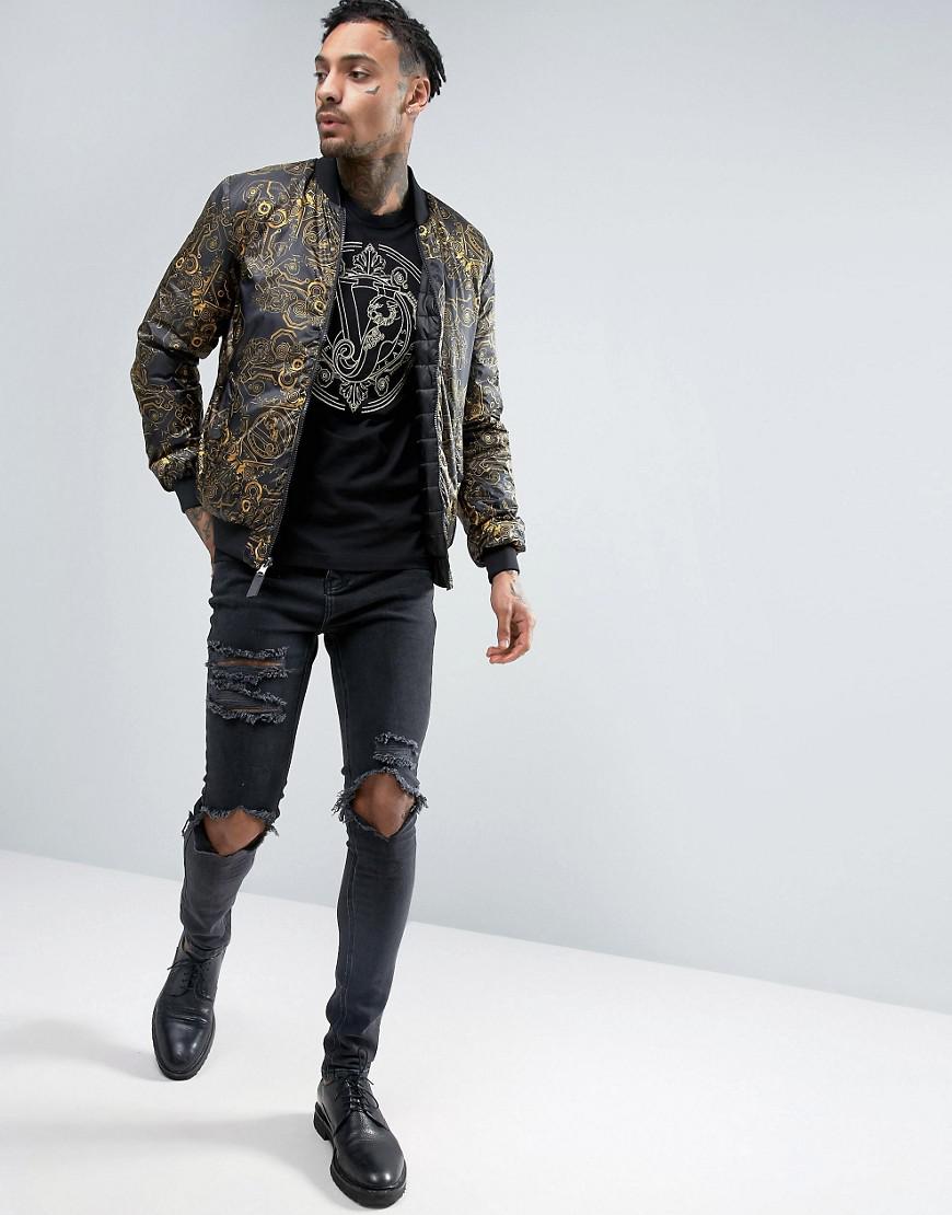 Versace Jeans Couture Denim Bomber Jacket With Mechanical Print in Black  for Men - Lyst