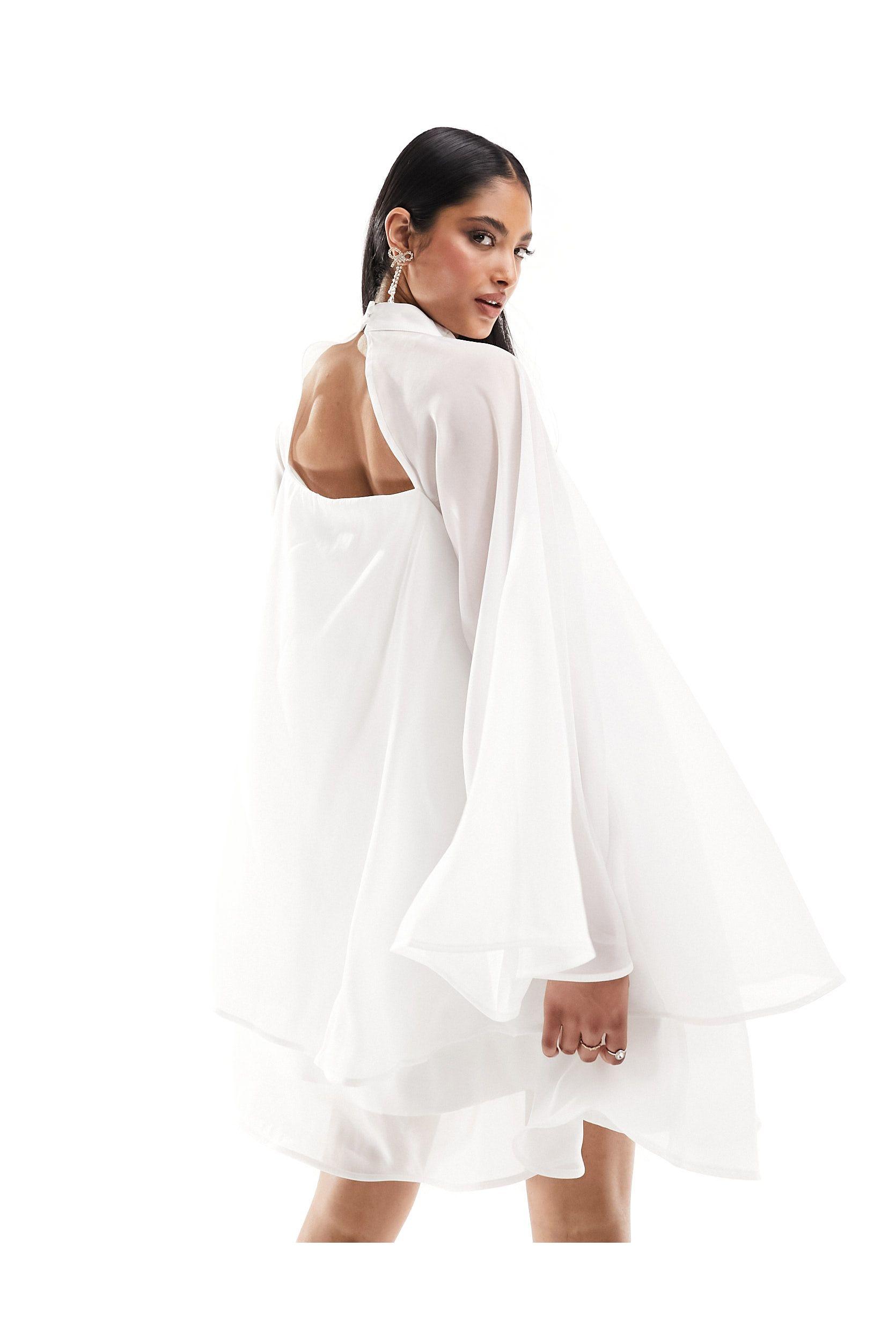 Y.A.S Bridal Sheer Floaty Mini Dress With exaggerated Sleeves in