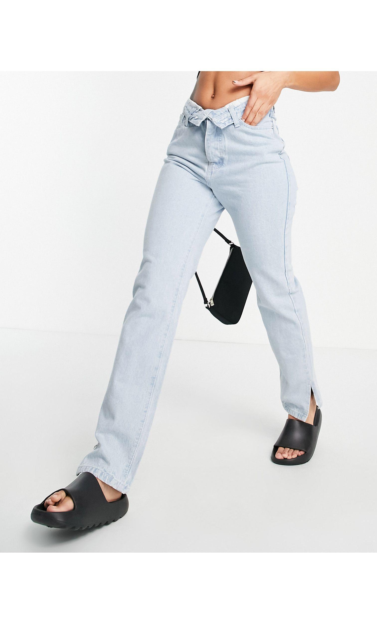 Missguided Fold Over Straight Leg Jean in Blue | Lyst