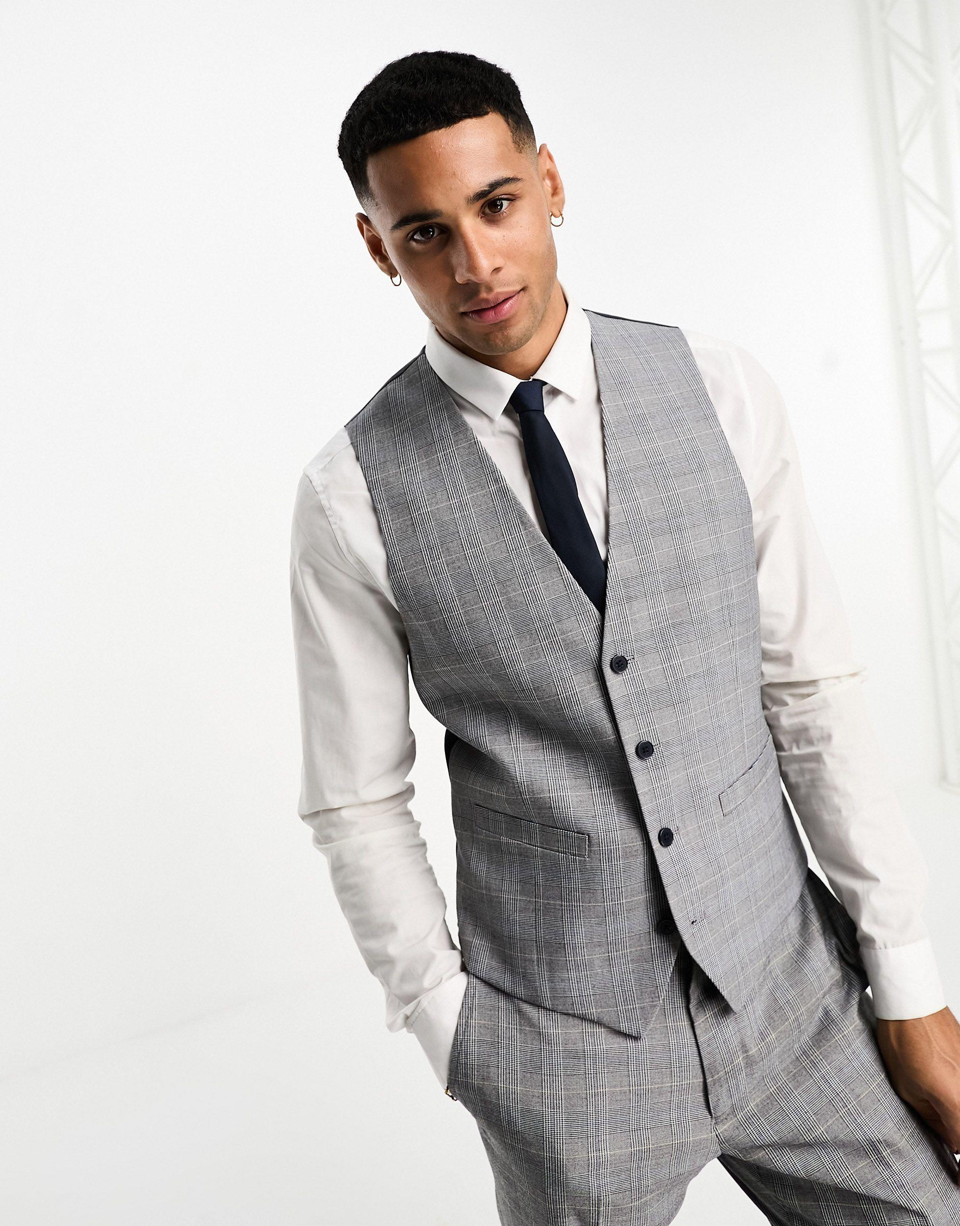 French Connection Prince Of Wales Check Suit Waistcoat in Grey for