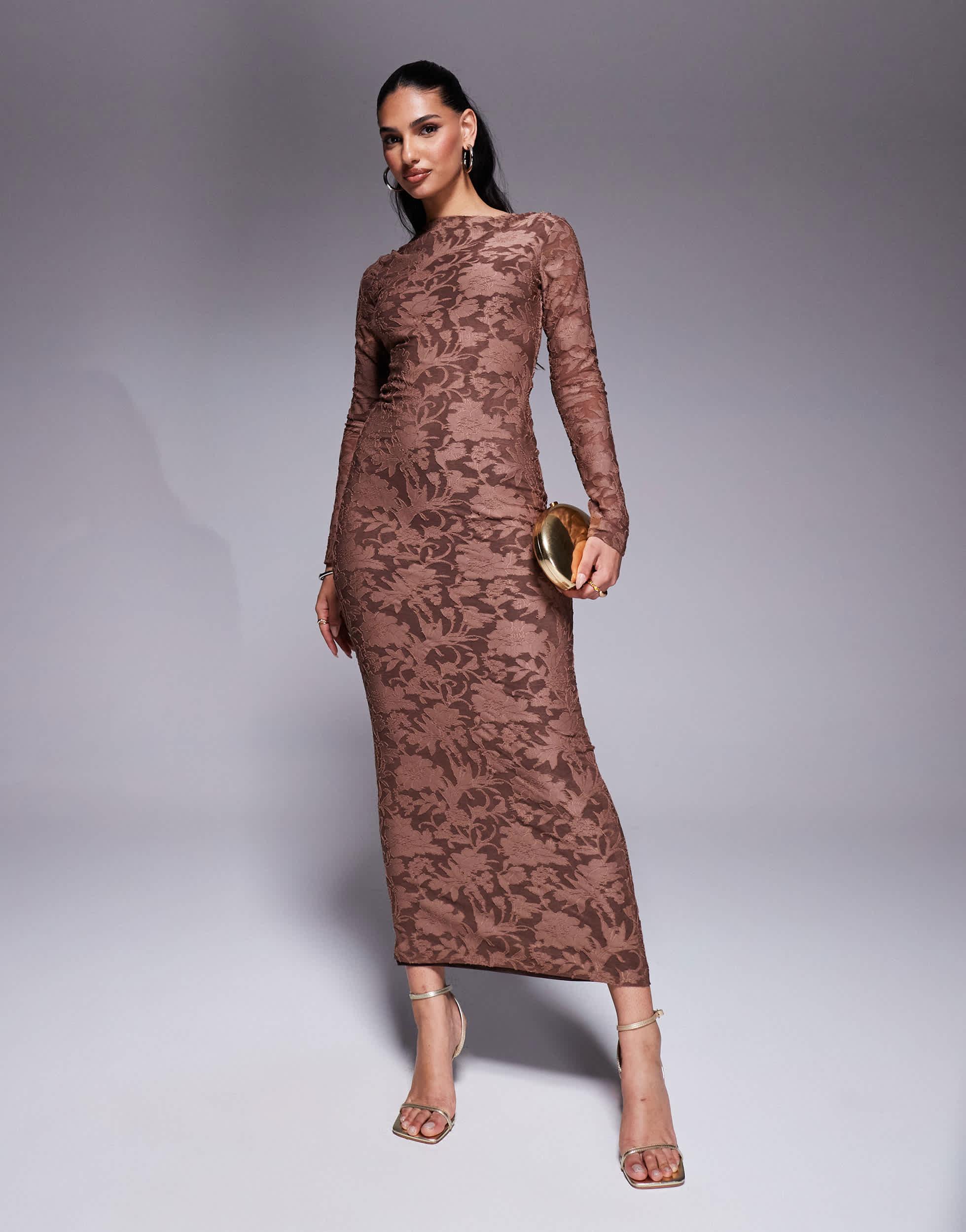 ASOS Long Sleeve Devore Midi Dress With Silver Hardware Back Detail in  Brown | Lyst