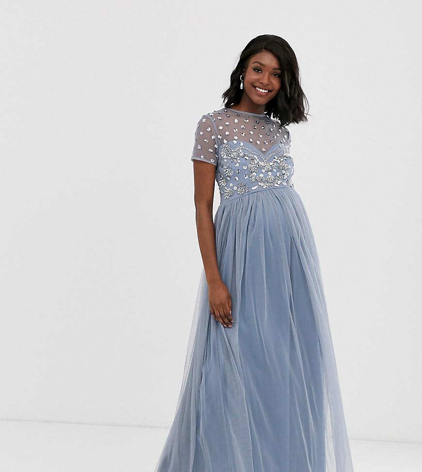 Maya Maternity Synthetic Cap Sleeve Floral Embellished Maxi Dress In Ice Blue - Lyst