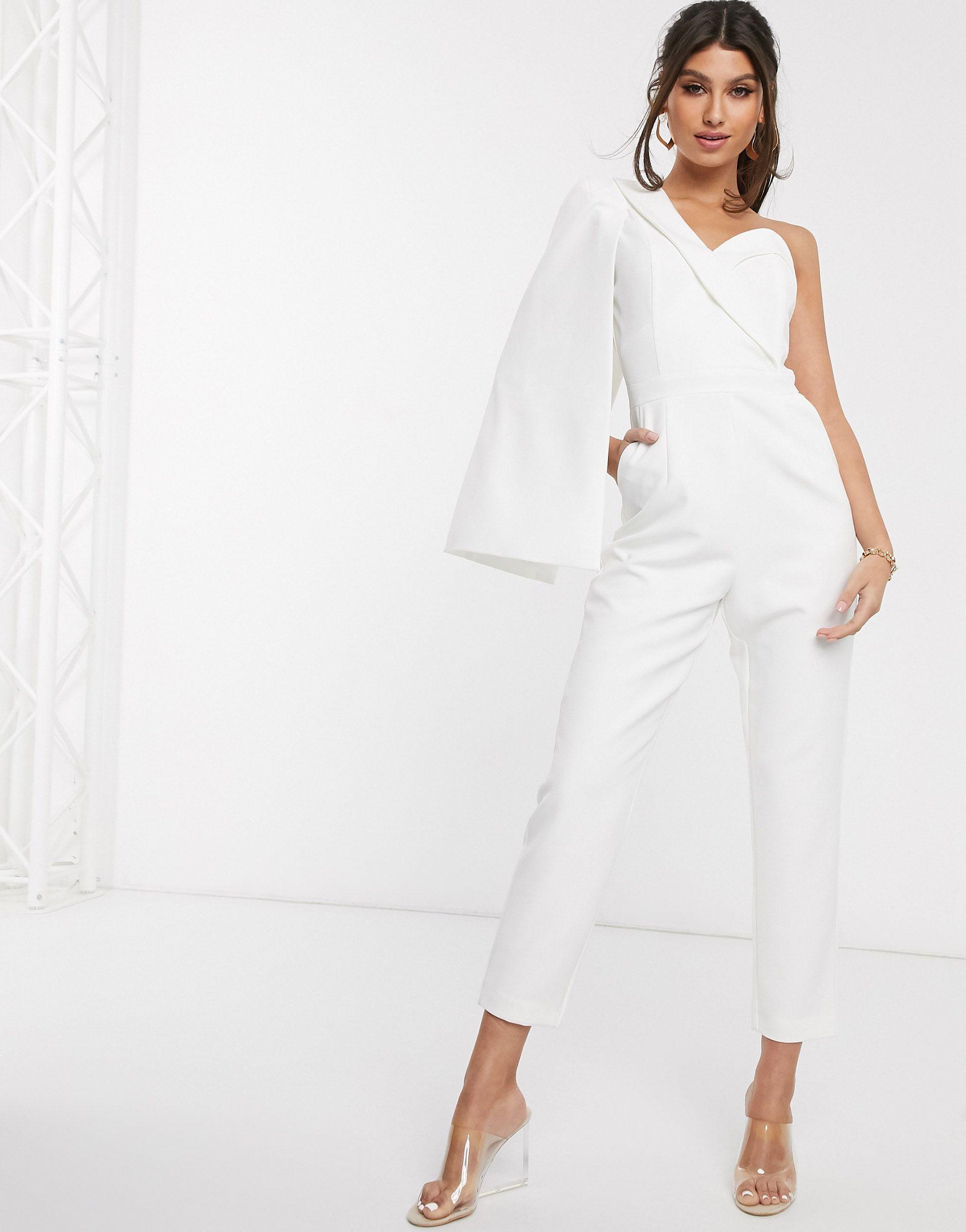 Lavish Alice Synthetic One Shoulder Cape Jumpsuit in White - Lyst
