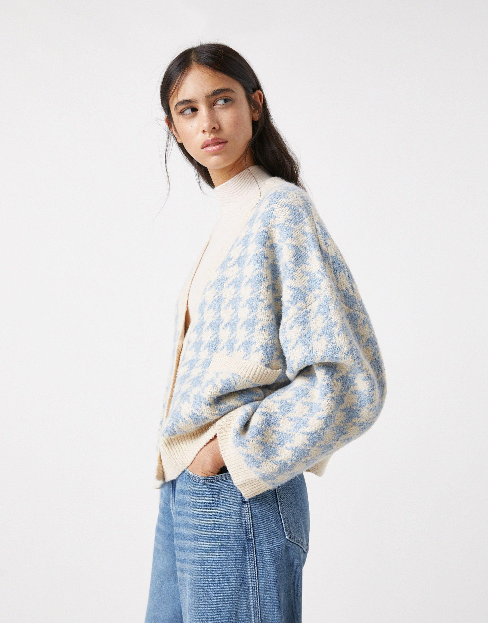 Pull&Bear Houndstooth Cardigan in Blue | Lyst