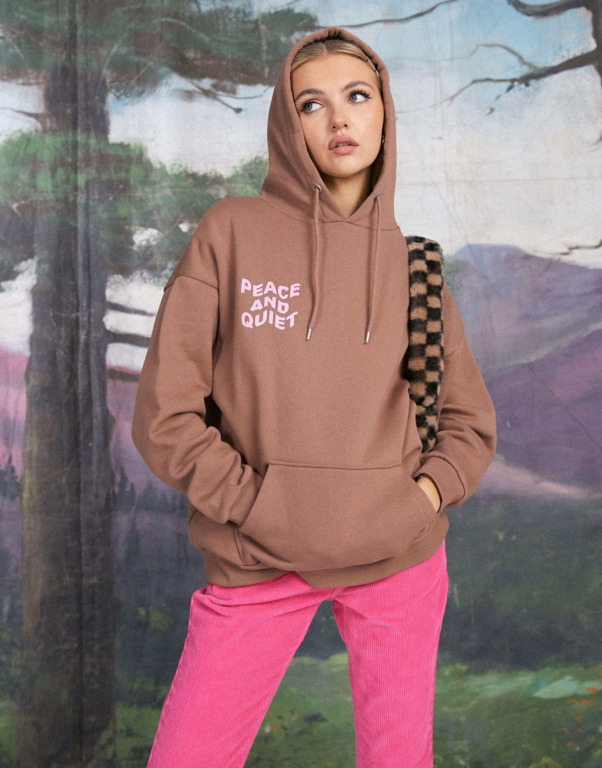 ASOS Oversized Hoodie With Peace And Quiet Graphic in Brown - Lyst
