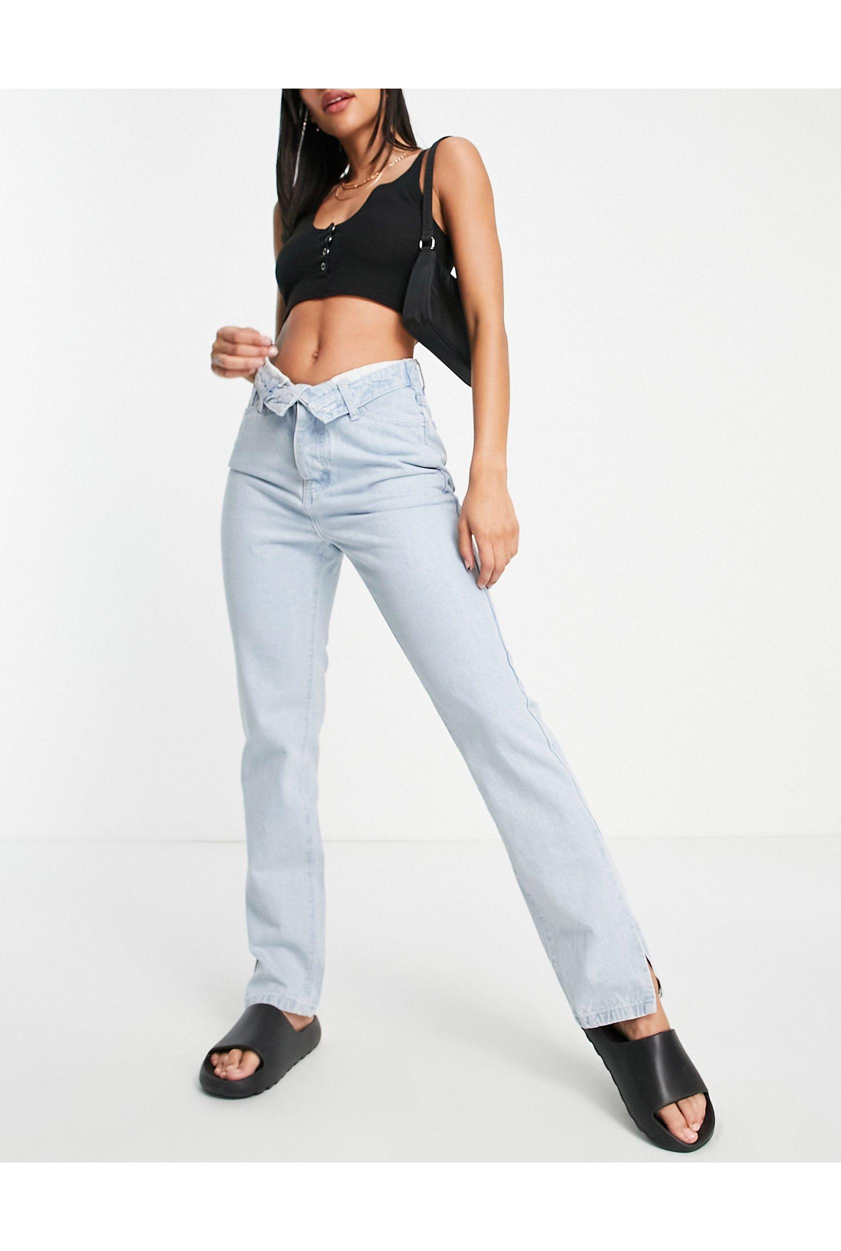 Huh Absolute Ant Missguided Fold Over Straight Leg Jean in Blue | Lyst