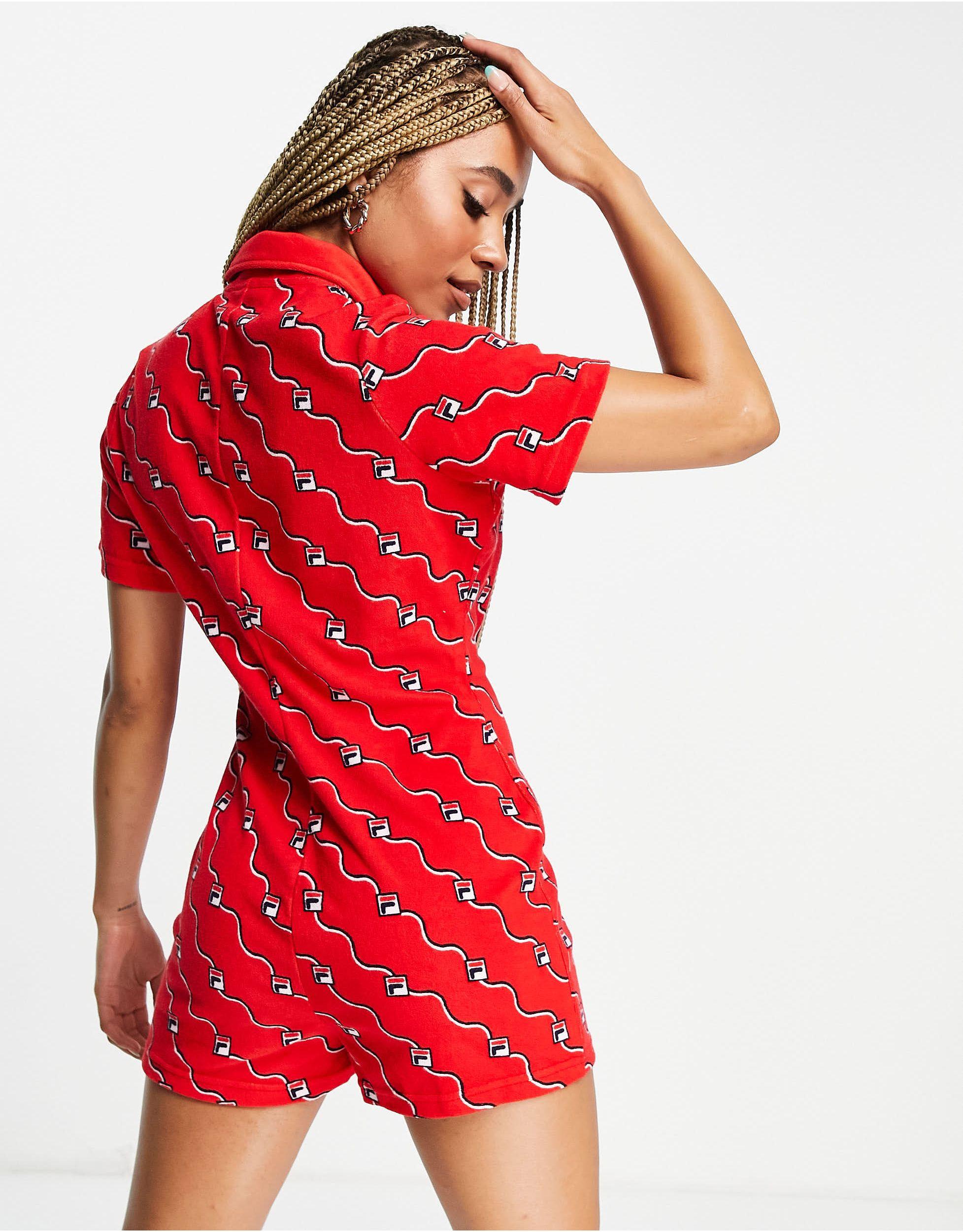 Fila All Over Logo Zip Front Romper in Red | Lyst