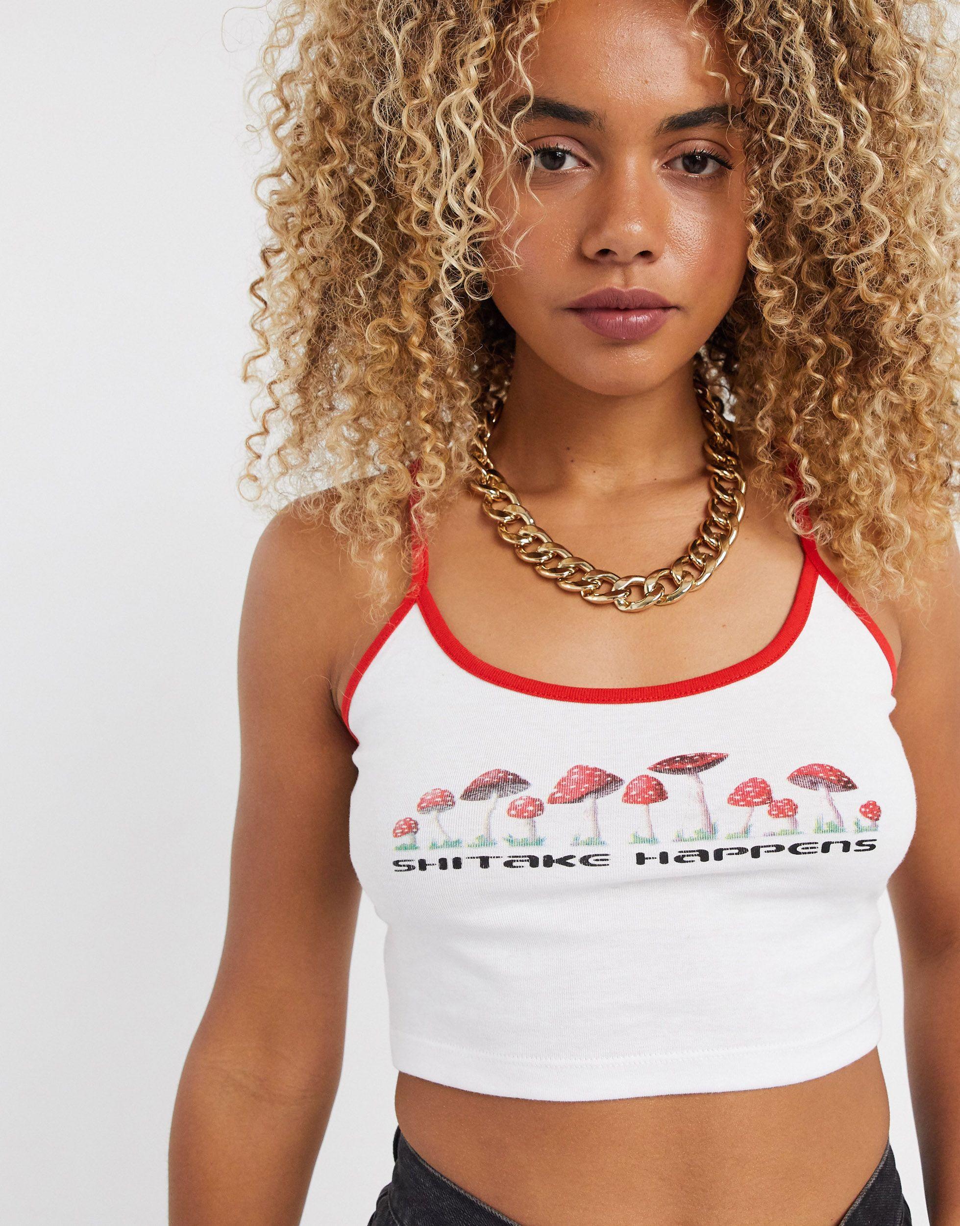 New Girl Order Cropped Cami Top With Shitake Happens Graphic in White | Lyst